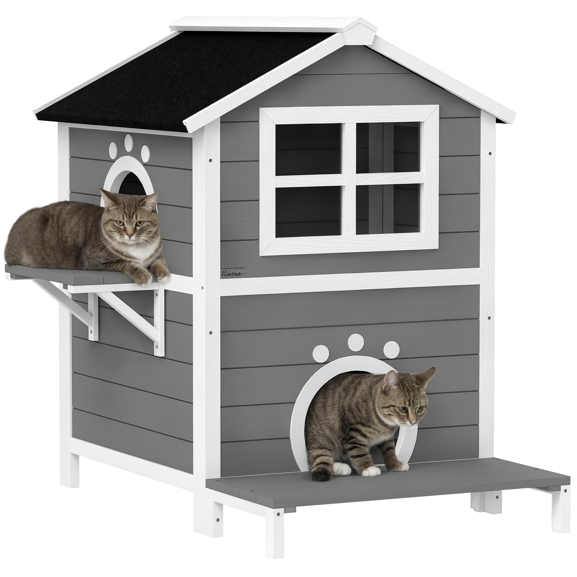 PawHut Wooden Cat Kennel Cat Cave with Window, Balcony, Weatherproof Cat Kennel with 2 Levels, Detachable Floor, for 1-2 Cats, Indoor, Outdoor, 66 x 66 x 90 cm