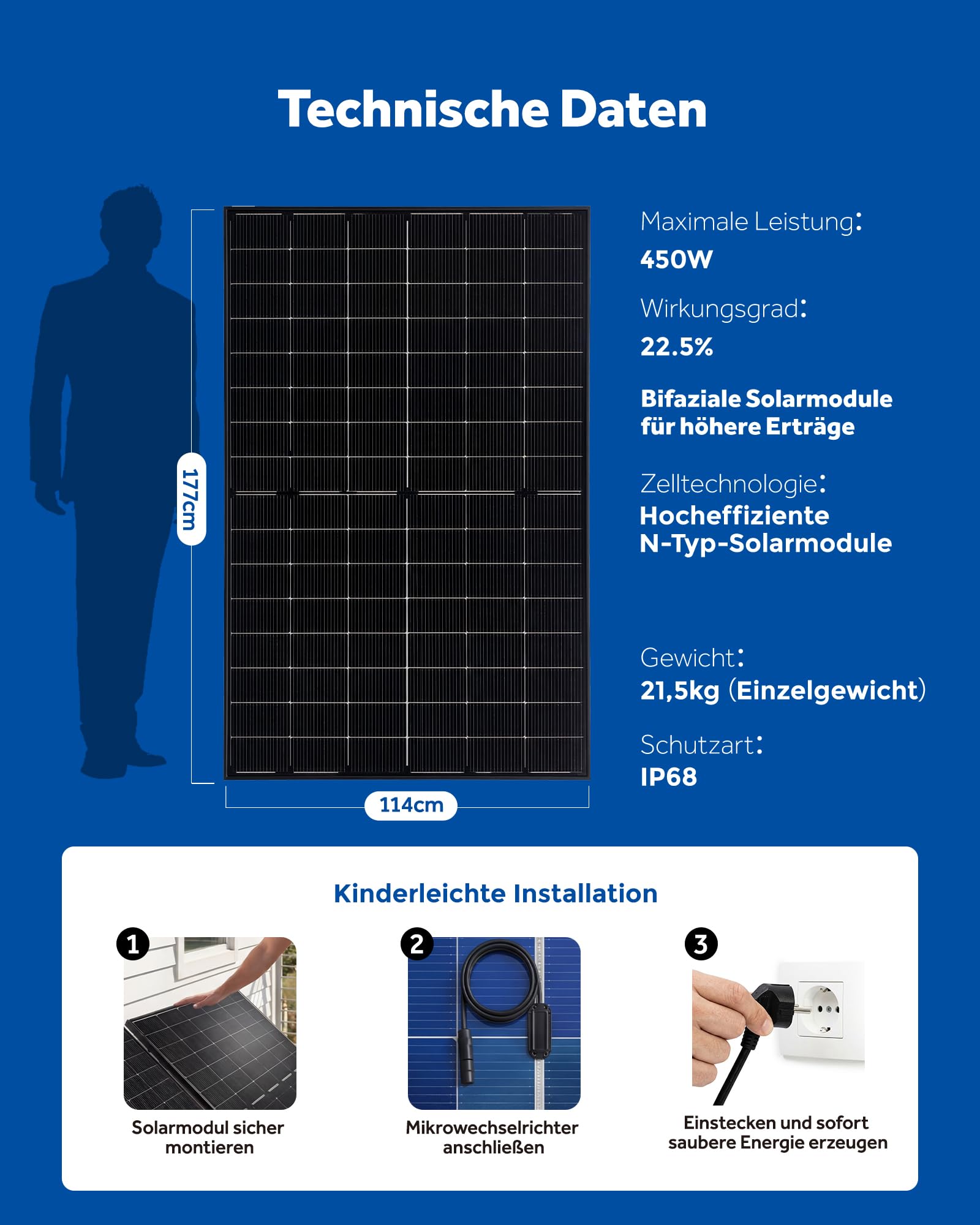NAHUI 2 x 450 W bifaziale Solarmodule, N-Typ, 16BB, Glas-Glas, Ganz Schwarz