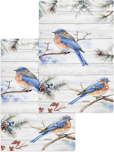 Kitchen Towel 2 Packs Cotton Waffle Weave, Blue Bird Red Berries Pine Branch Wood Grain Christmas 16 x 24 Inch Absorbent Quick Drying Dish Towels