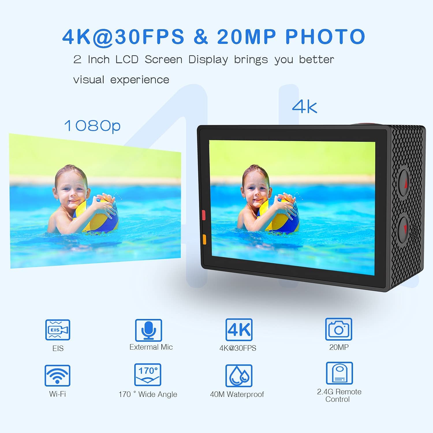Cámara Deportiva 4K WiFi 20MP 40M Cámara de acción EIS a Prueba de Agua con de Gran Angular de 170 °con Control Remoto de 2.4G Cámara subacuática con baterías de 2x1200mAh