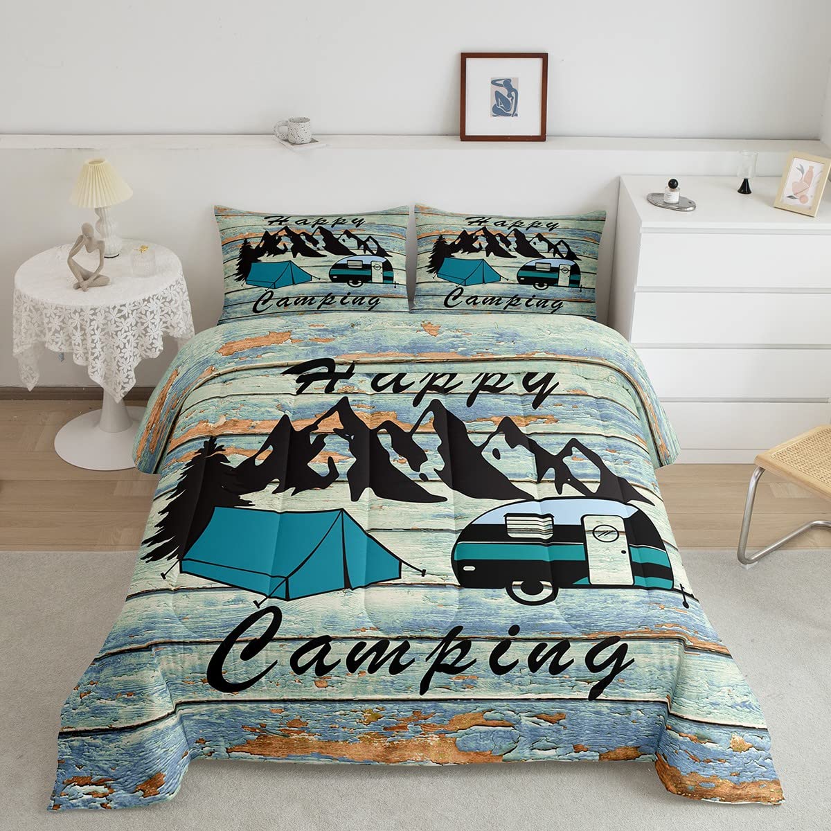Happy Camping Full Size Comforter Set Blue Vintage Wood Bedding Set for Kids Adults Teens Country Style Comforter Luxury Tent and Car Quilt Set Room Decor 3Pcs