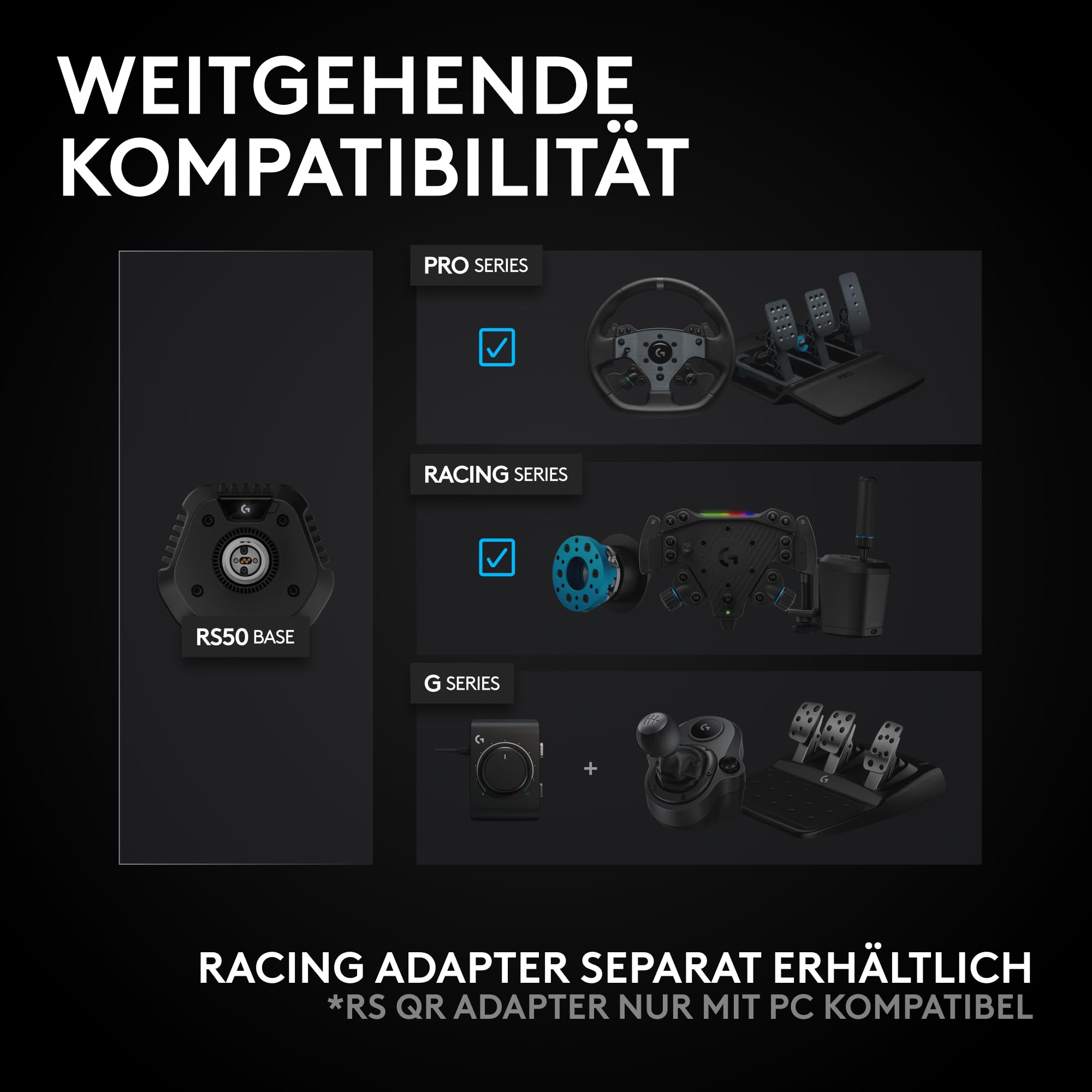 Logitech G RS50 System 3-teiliges Sim-Racing-Lenkrad-Setup RS50-Radbasis 8 Nm Direktantrieb RS Wheel Hub 13 Tasten RS-Rundrad 28 cm PS5/PS4/PC Schwarz