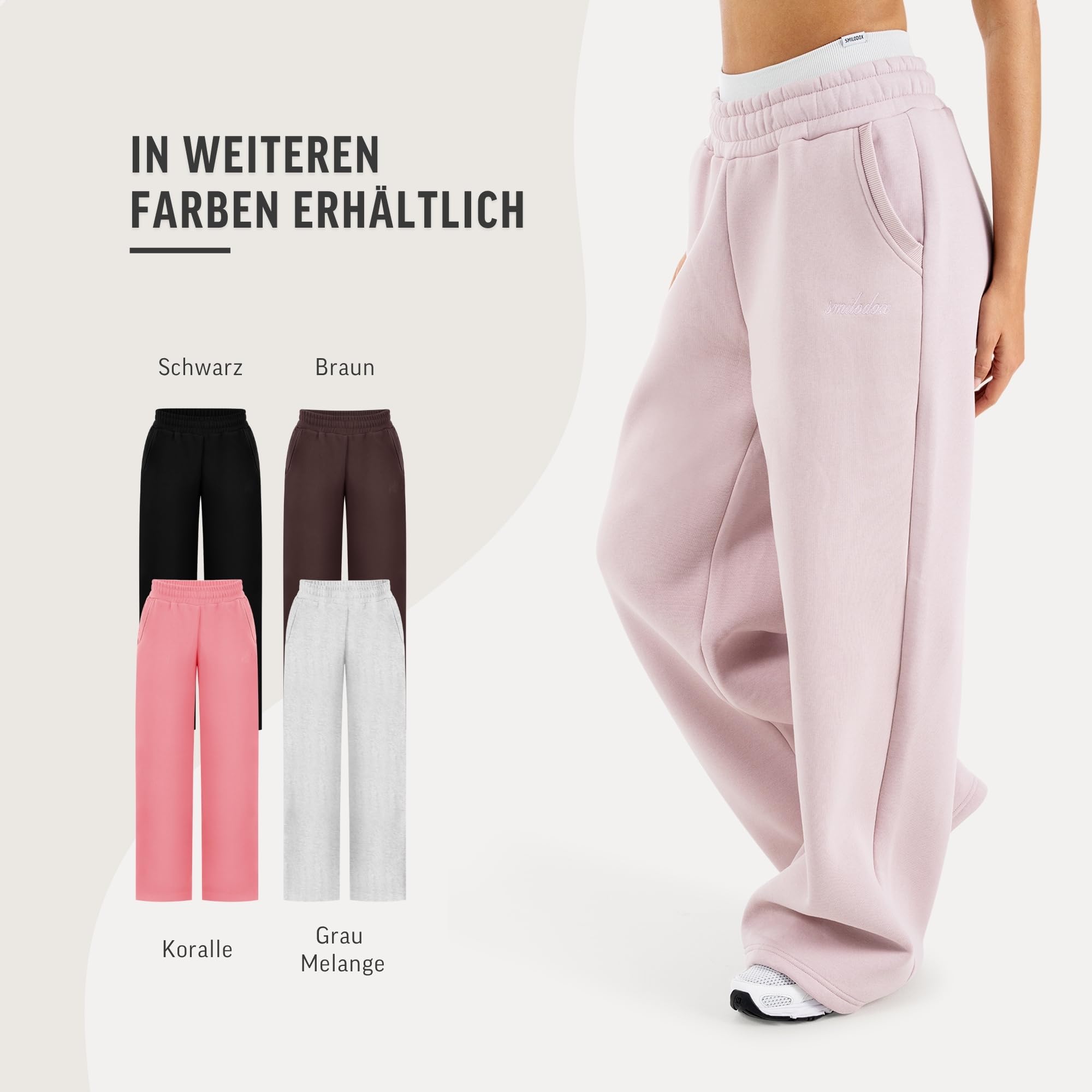 SMILODOX Jogginghose Damen Thalea Oversized Wide-Leg, Sweatpants, Freizeit-Hose mit elastischem Bund und Tunnelzug, Seitliche Eingrifftaschen, Logo-Stitching Modernes Design, für Gym & Homewear