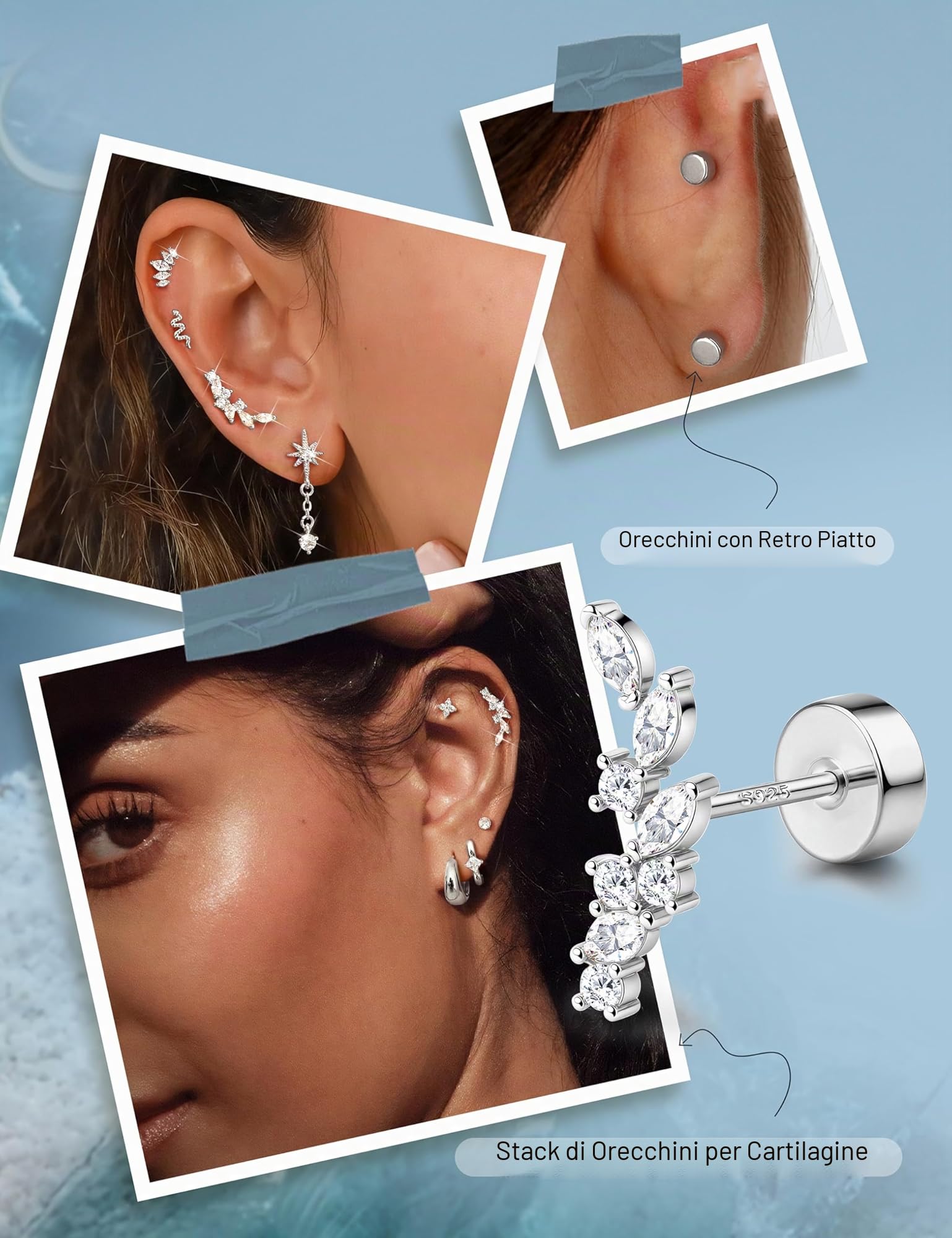 Adramata Orecchini Argento 925 Donna Orecchino a Bottone Anallergici Brillanti Piercing Orecchio Cartilagine Piercing Trago Helix Piercings Orecchini Donna Argento/Or