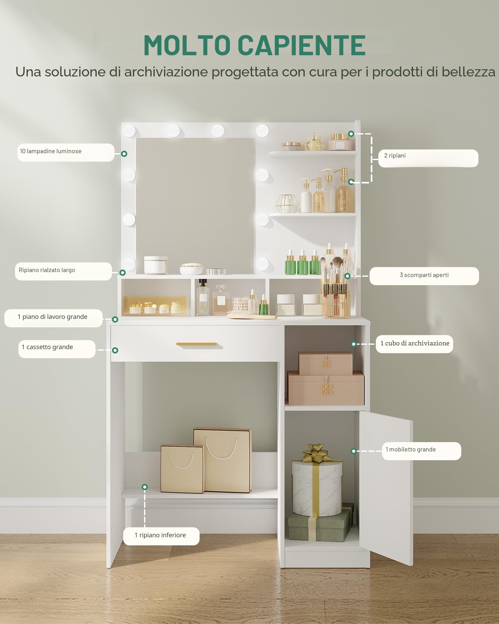 Hzuaneri Toeletta da Trucco, Luminosità Regolabile,Tavolo da Trucco con Specchio Grande, ampio cassetto e armadietto, Durevole e stabile, Moderno, Bianco VT08103X