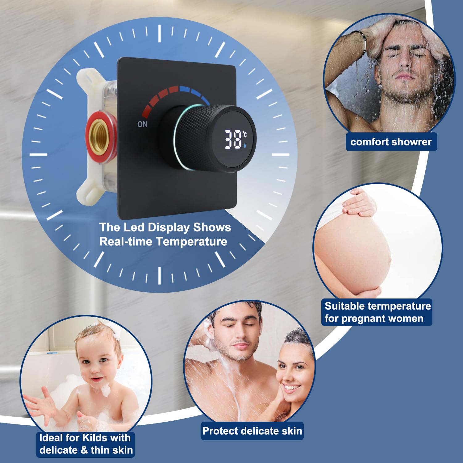 Delnet Wall Mounted Bath Tap, Concealed Waterfall Basin Tap with Digital Display Shower Valve - Image 3