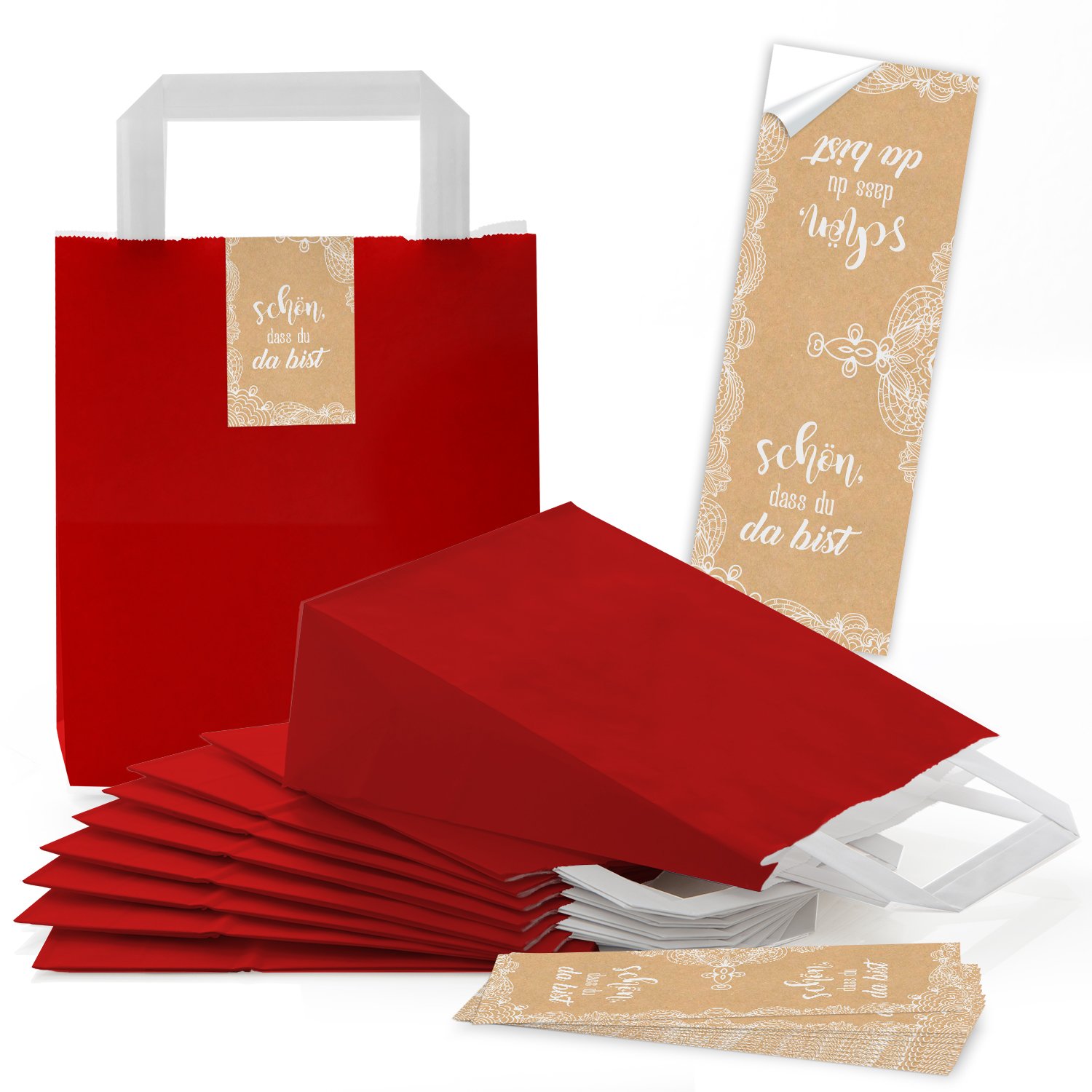 Borse carta rosse con manici, 100 pezzi: sacchetti kraft regalo con fondo rinforzato, buste grandi per confezioni fai da te, imballaggio creativo alimenti, confezione bomboniere, 18 x 8 x 22 cm
