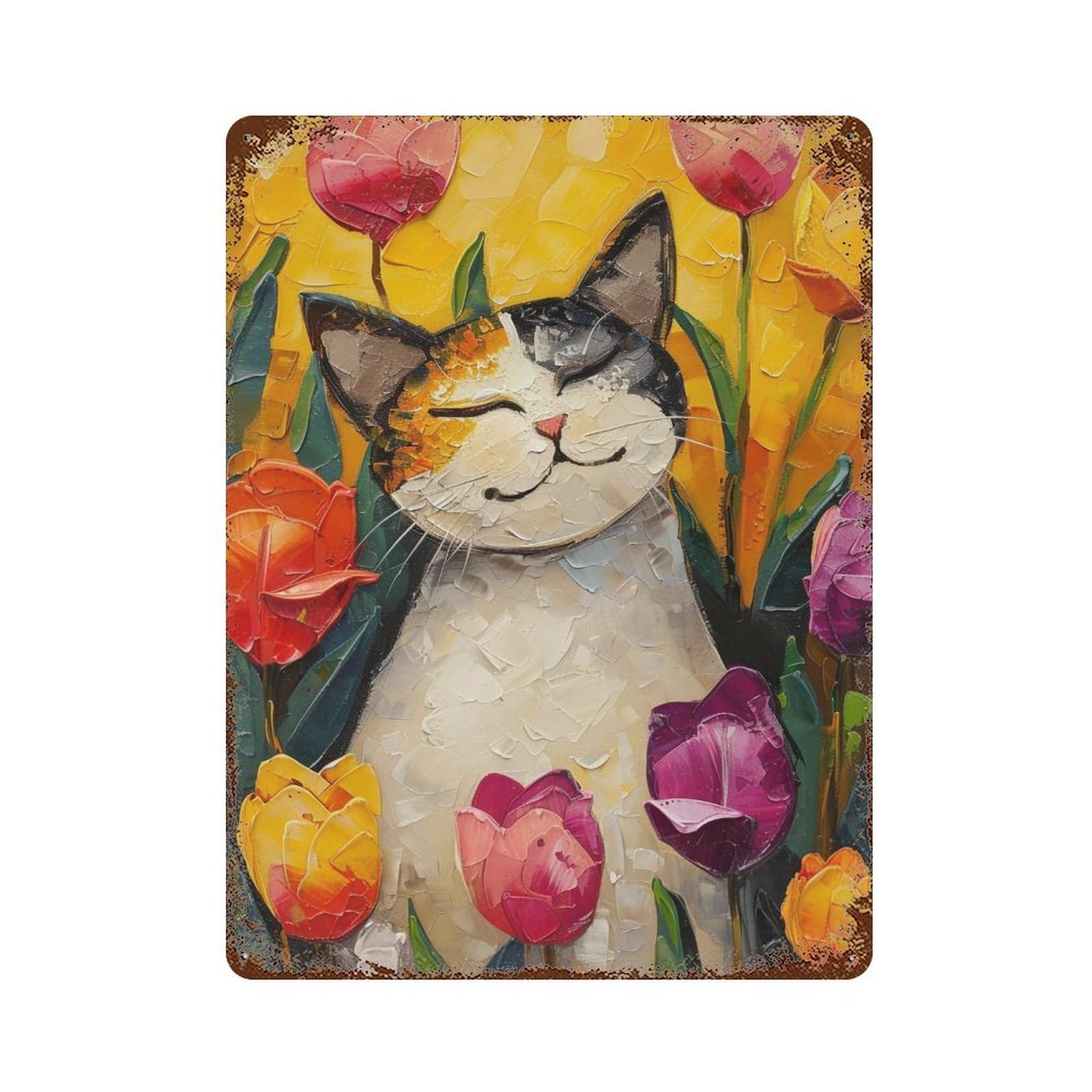 YHGERTKU Happy Cat in Tulip Garden 03 Wall Art Retro Iron Vintage Metal Tin Sign Poster Modern Decor for Living Rooms Gift 40x30cm