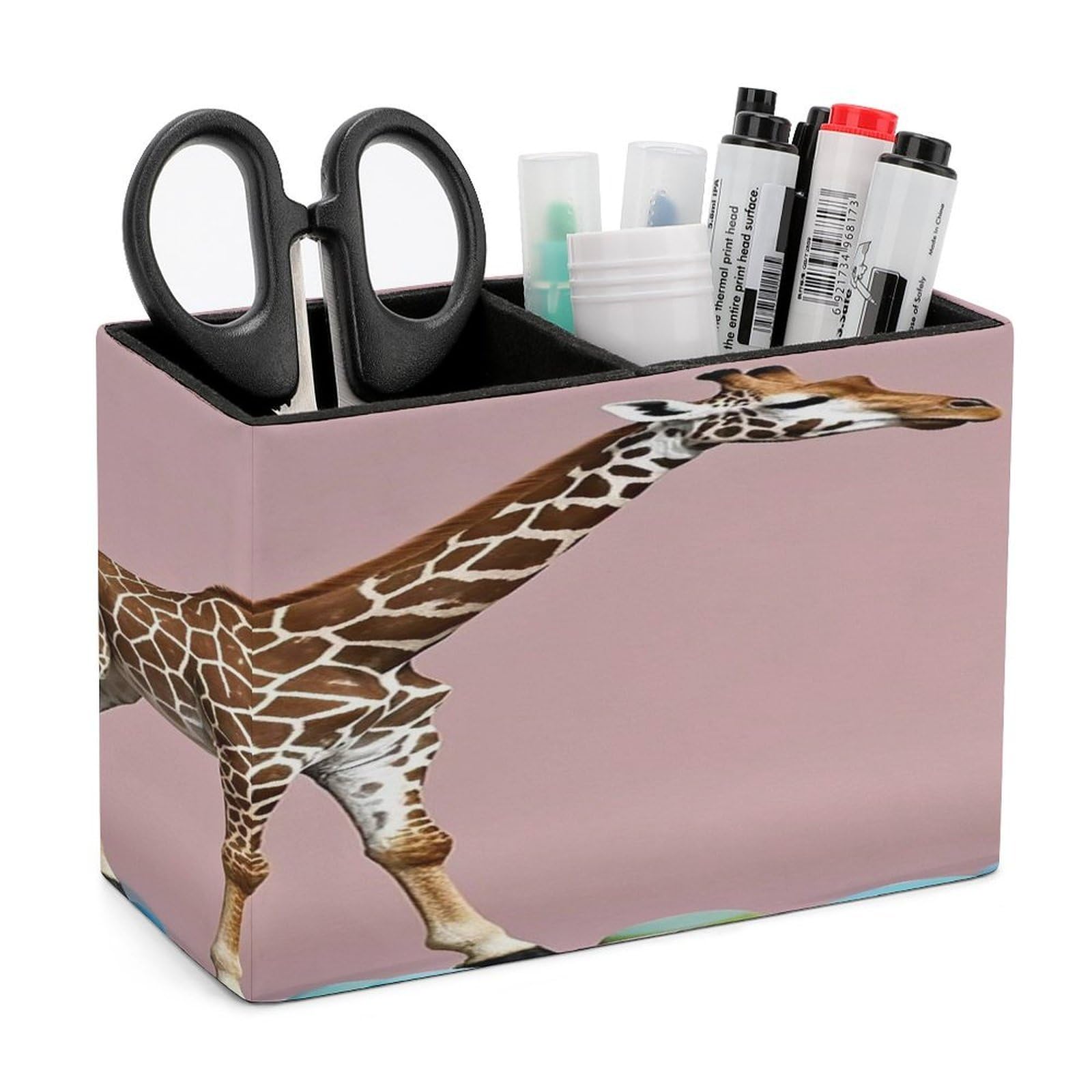 FekiLoot Cherry Giraffe Pen Holders for Desk Small Remote Control Holder Leather Pencil Cup with Double Compartments Desktop Organizer for Table Desk Office Space Saving