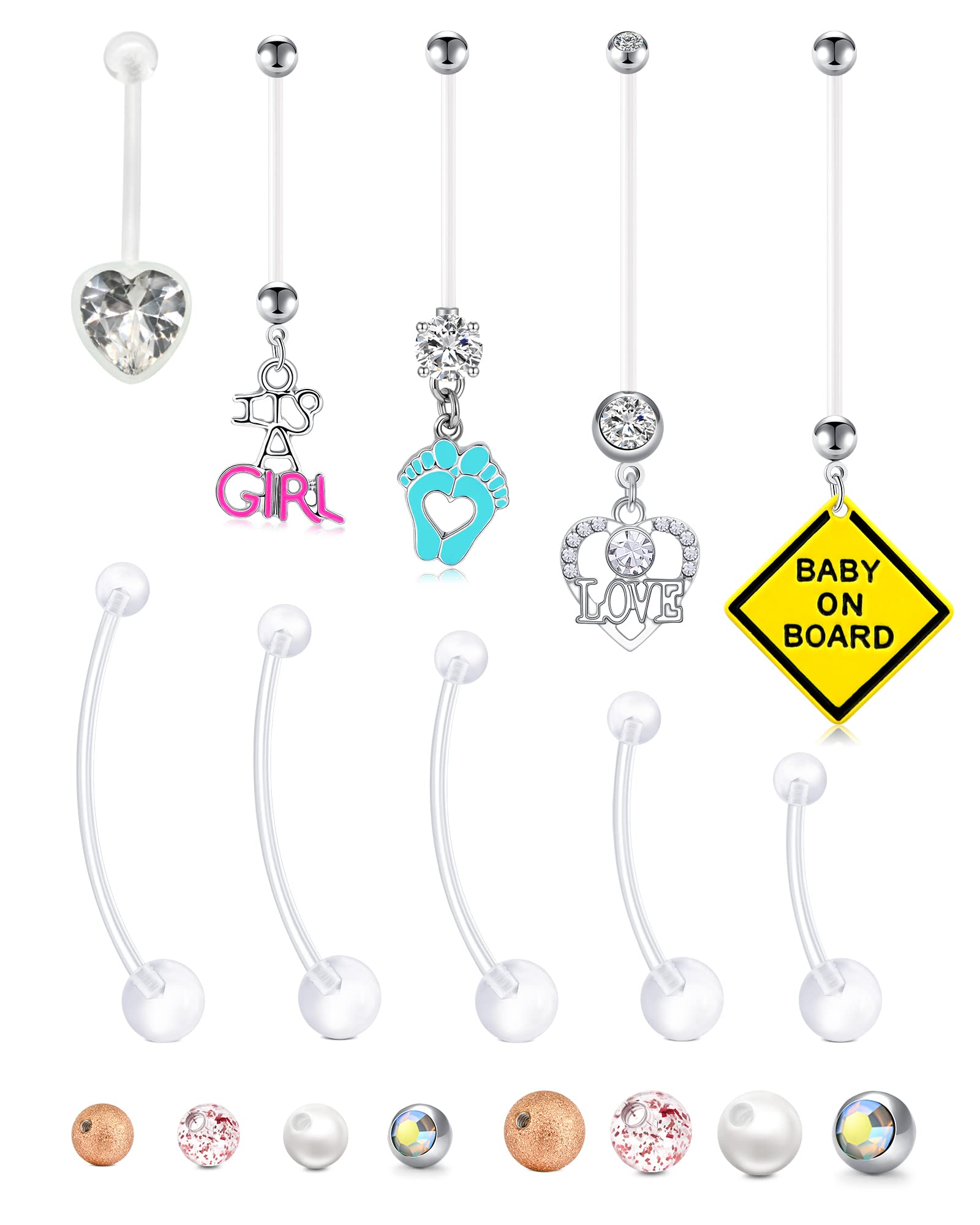 Pregnancy Belly Button Rings Plastic Maternity Long Belly Button Rings Bar for Healing Clear Flexible Belly Piercing Retainer with Different Balls for Replacement 18mm 25mm 32mm 35mm 38mm