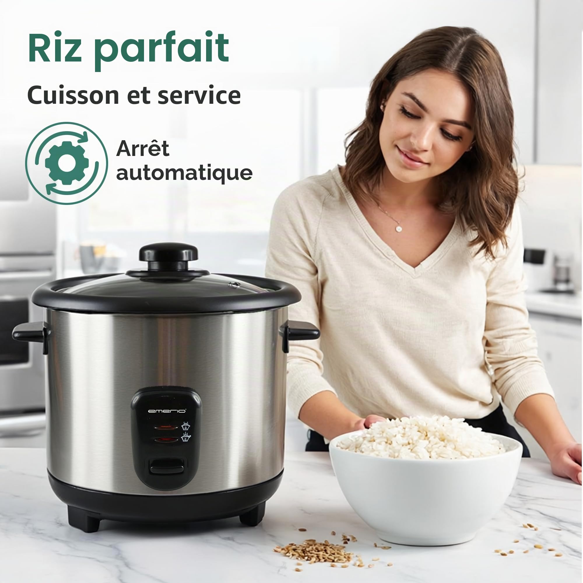 EMERIO cuiseur à riz automatique avec volume de 1,5 L, fonction de maintien au chaud arrêt automatique revêtement antiadhésif couvercle en verre avec cuillère à riz + tasse à mesurer, RCE-110118.5