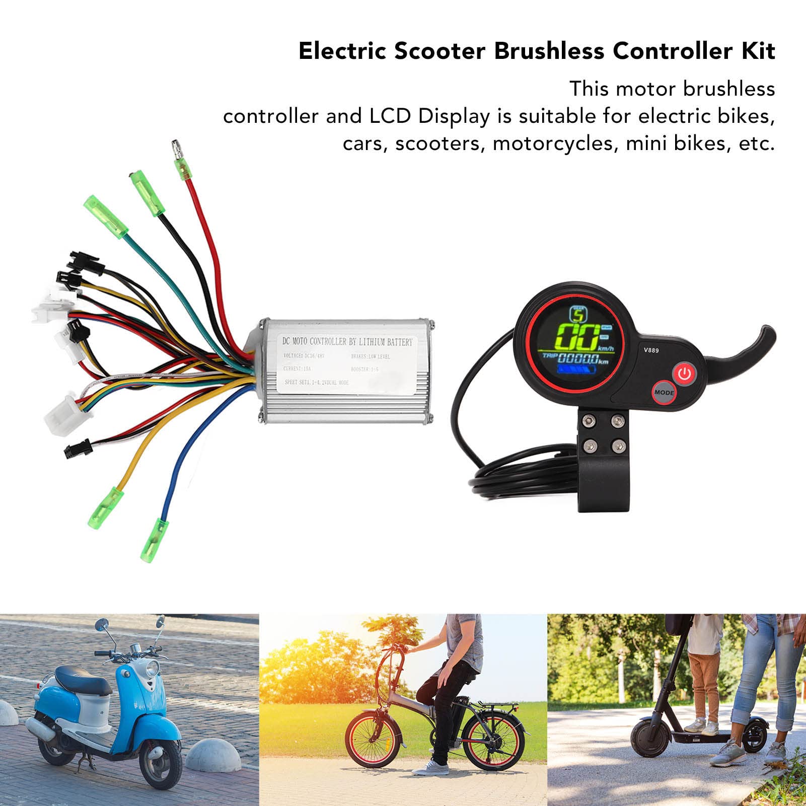 Bezszczotkowy kontroler Wangcmcol, do rowerów elektrycznych, do skuterów, moc 36 V 48 V 15 A, zestaw wyświetlacza LCD, kierownica 22,2 mm, wysoka kompatybilność, wydajna