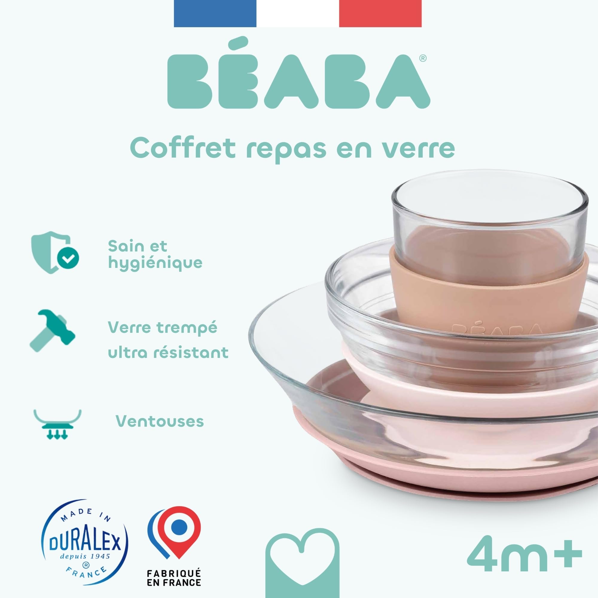 BÉABA & Duralex, Coffret Repas Enfant en Verre, Assiette, Bol, Verre avec Ventouse Silicone, Ergonomique, Evolutif, Sain, Durable, Made in France, Barbe à papa