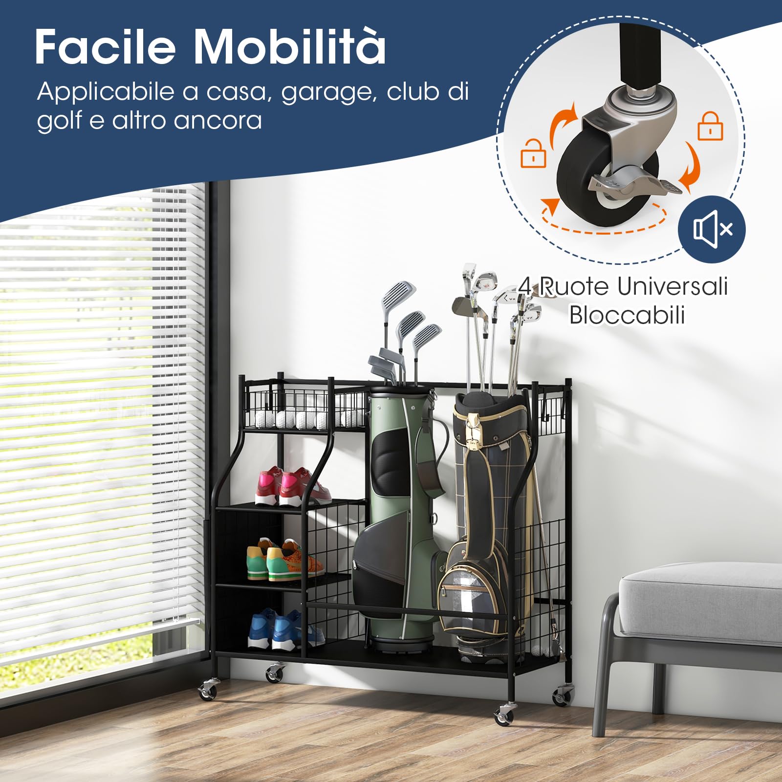 GYMAX Organizzatore per Sacche da Golf, con Ruote Bloccabili per 2 Sacche da Golf e 8 Mazze da Golf, 1 Cesto, 3 Ripiani e 4 Ganci per Attrezzature e Accessori da Golf
