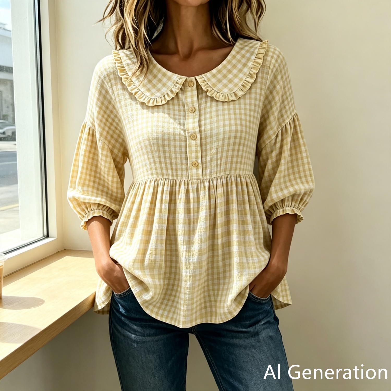 Blusa de cuadros para mujer, manga 3/4, abotonada, con botones y peplum