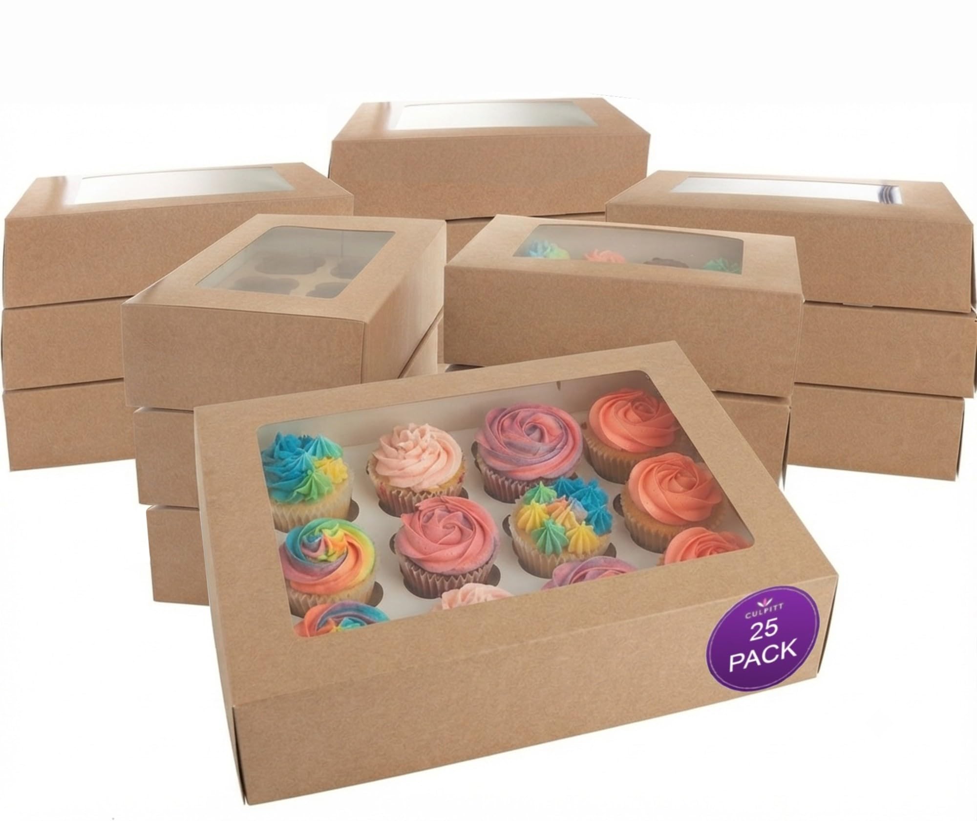Culpitt 12 Hole Cupcake Boxes with Window | 25 Pack | Food Safe Kraft Brown