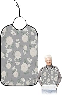 Kewadony Adult Bibs for Elderly Women - Flower Plant Waterproof Dining Clothing Protectors with Crumb Catcher for Eating/Feeding, White Rose Botanical Leaf Retro Grey Burlap Terry Cloth Bib Washable