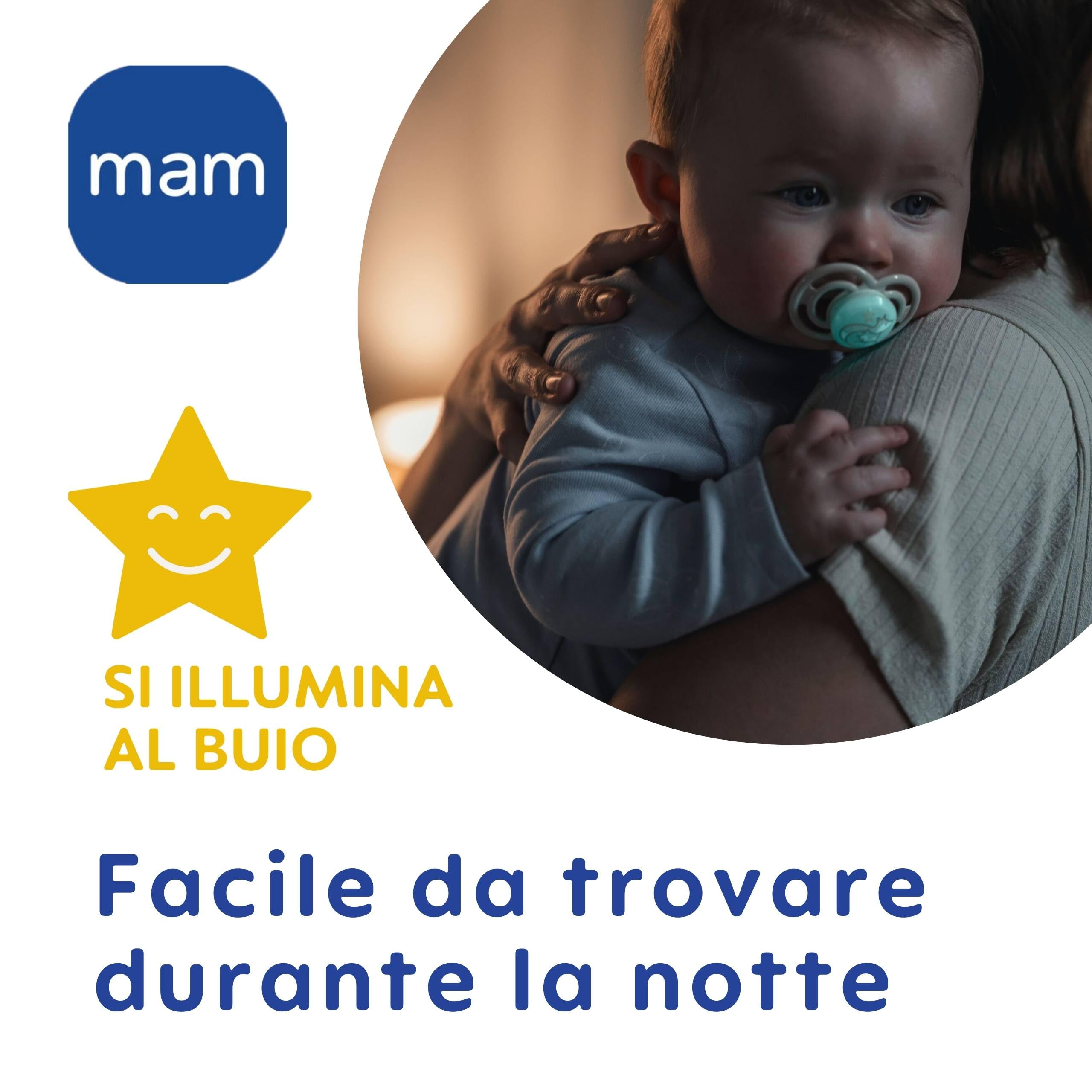 MAM Perfect Ciuccio Luminoso misura 2-6 mesi, Tettarella in Silicone SkinSoft, Bio-circolare, con Custodia Porta Succhietto, Azzurro