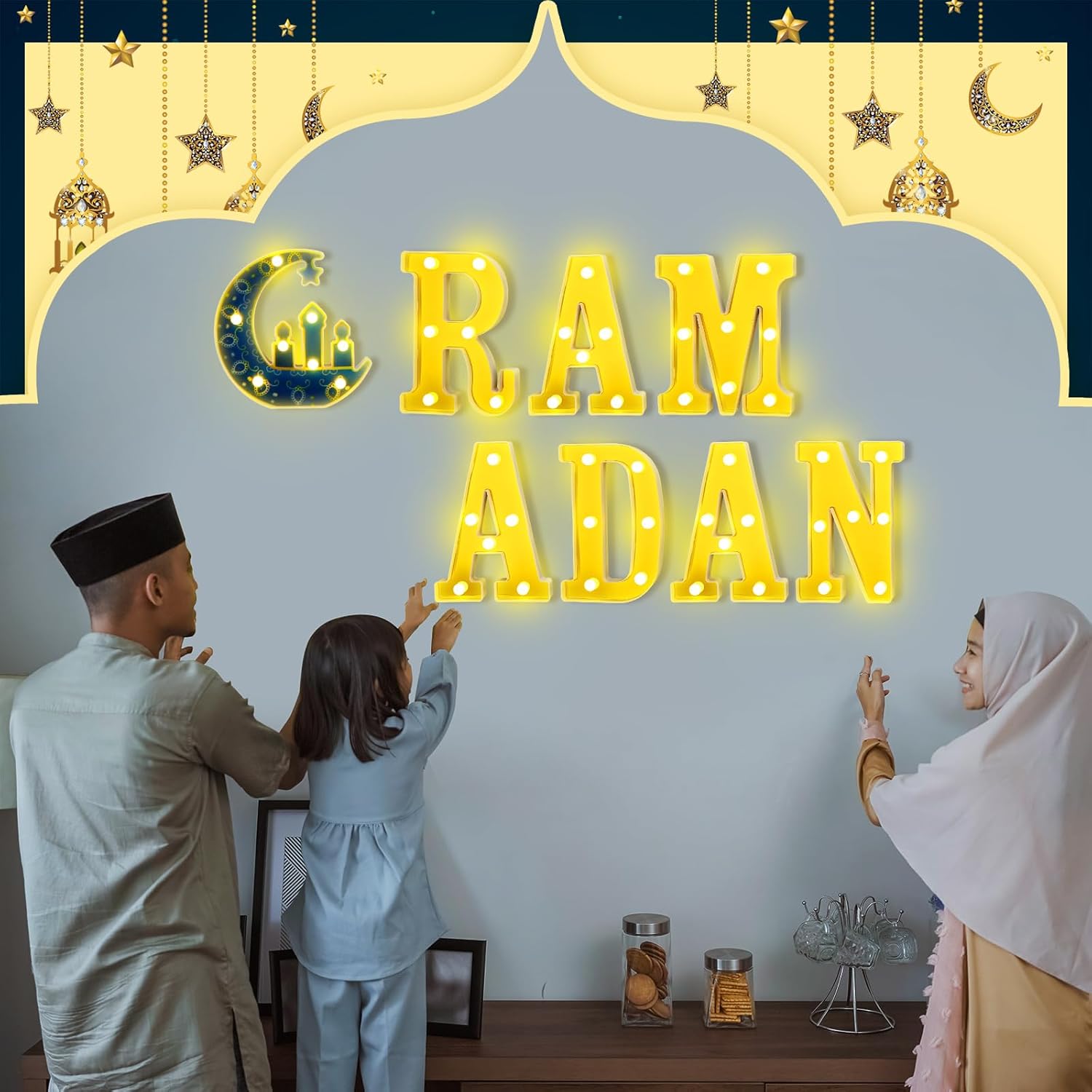 8 Pcs Ramadan Decorations Ramadan LED Letter Lights Sign Battery Powered Light up with Mirror Surface Table Decor Hanging Decorations for Party Club Restaurant Indoor Outdoor Wall Decor