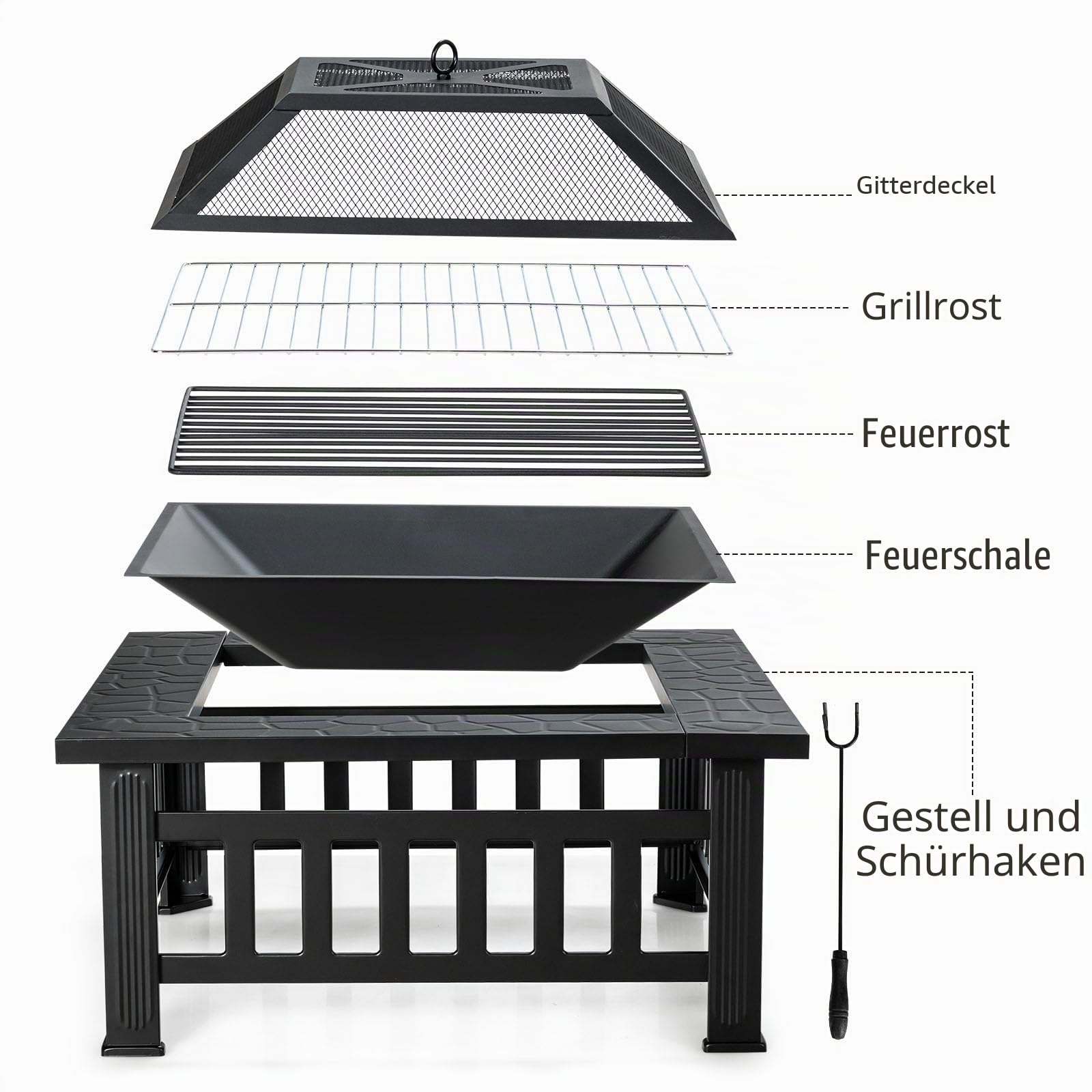 KOMFOTTEU Feuerschale Feuerkorb, Feuerstelle mit Grillrost & Decekl, Flammschale 81 x 81cm Outdoor, Feuerstellentisch inkl. Schürhaken, firepit mit Funkenschutz für Heizung BBQ (Schwarz)