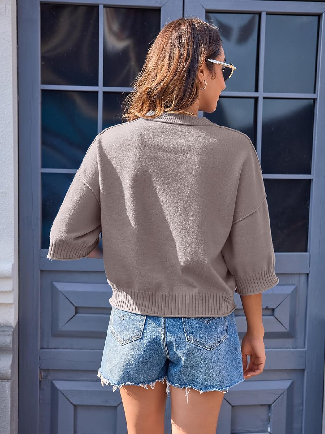 Women's Short Sleeve Cropped Sweaters 2025 Summer Oversized Loose Fit Drop Shoulder Casual Sweater Tops - Image 5