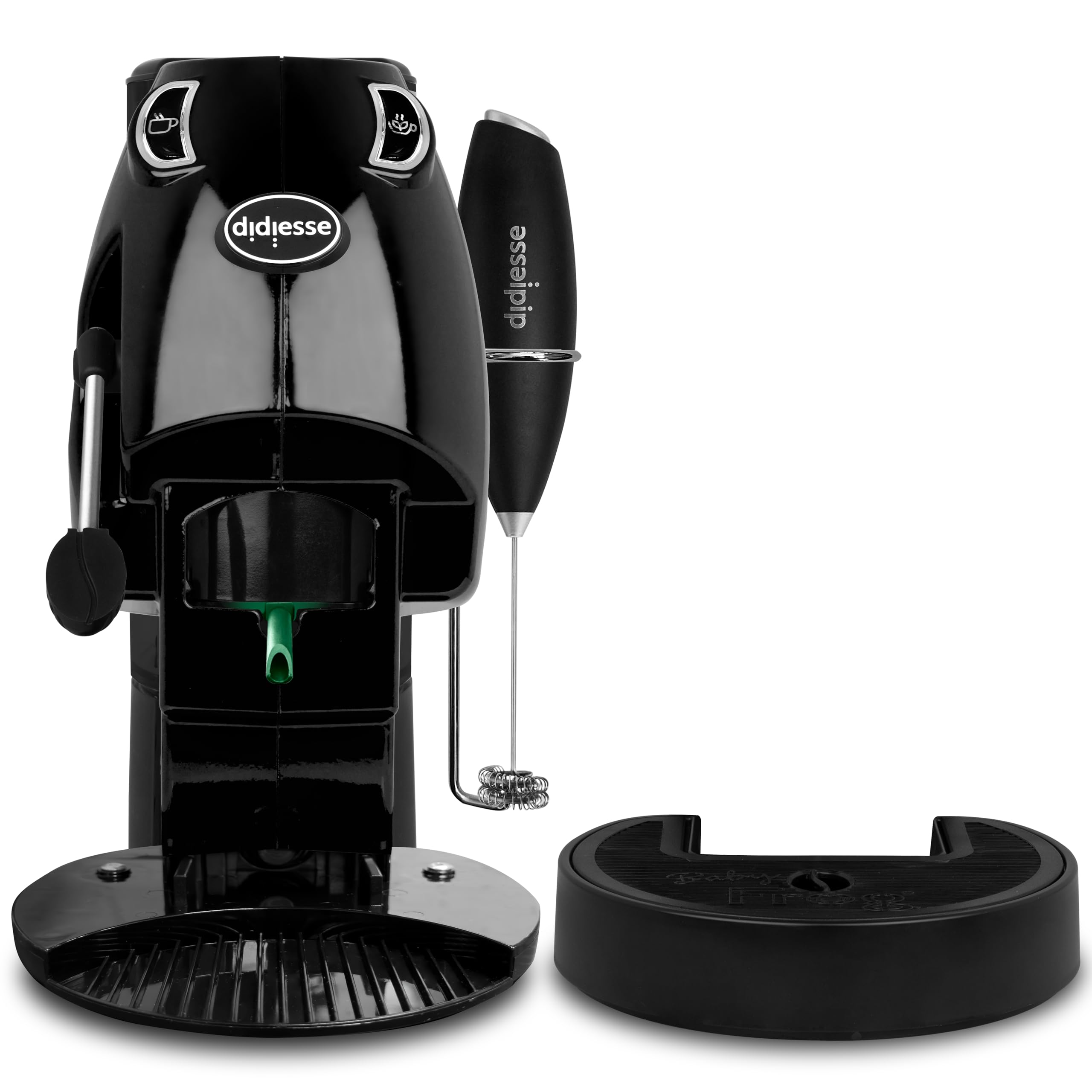 Didiesse Baby Frog Coffee & Tea – Macchina da Caffè a Cialde, con Frullino Montalatte e Doppio Portacialde per Caffè e Tè, Basso Consumo 650W, Erogatore Acqua Calda. (Nero)