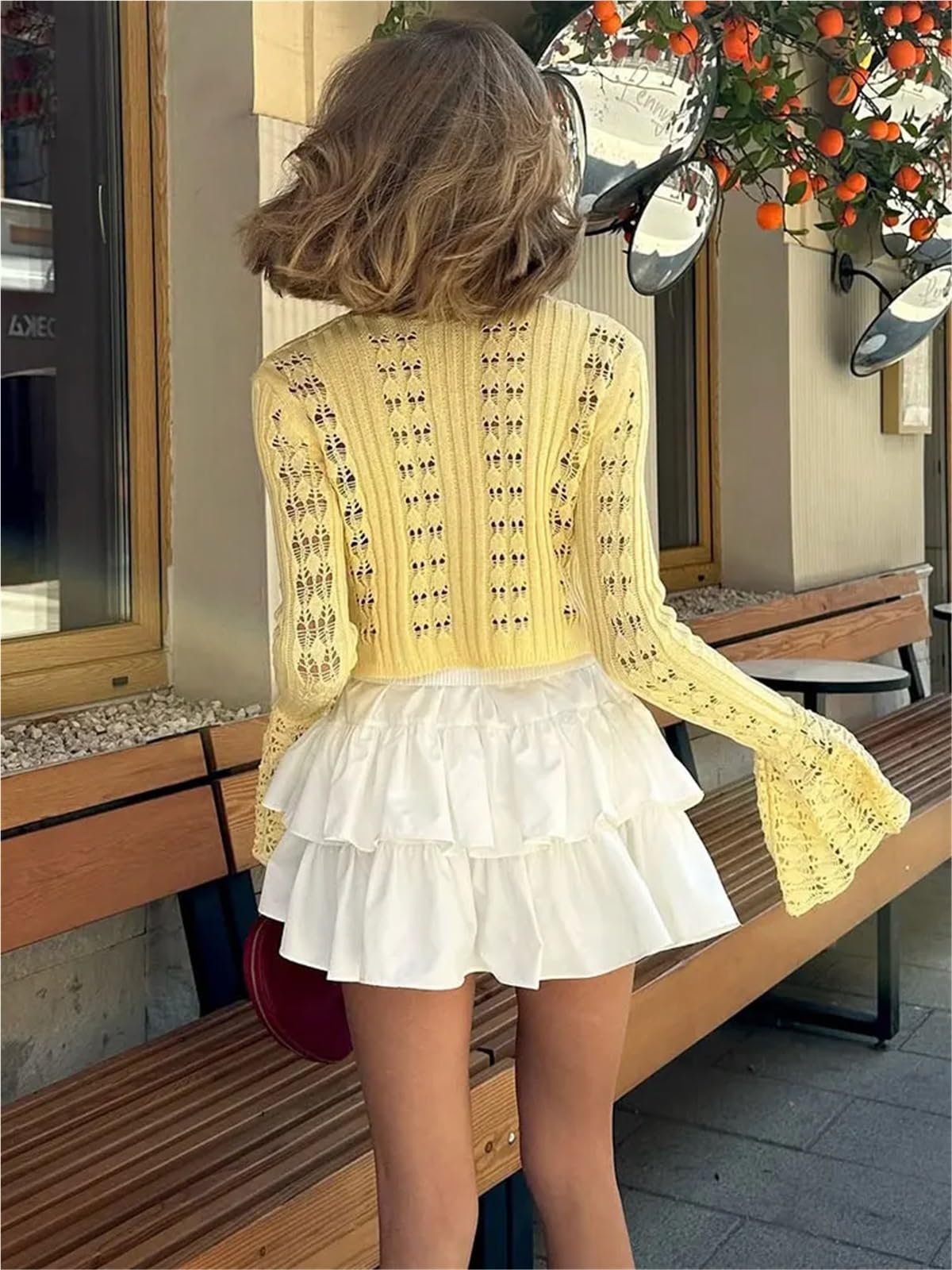 Cardigan Mujer Corta Suéter Calado con Cuello en V, Manga Larga, Transparente, de Verano, Punto y Patchwork