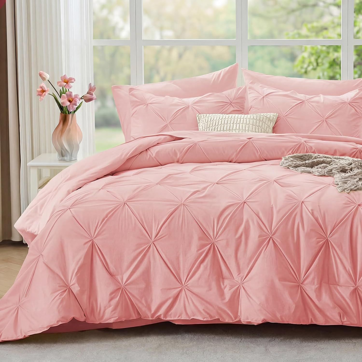 JOLLYVOGUE Queen Comforter Set 7 Pieces - Bed in a Bag Queen for All Season, Pintuck Bedding Comforter Sets with Comforter, Flat Sheet, Fitted Sheet and Pillowcases & Shams, Pink