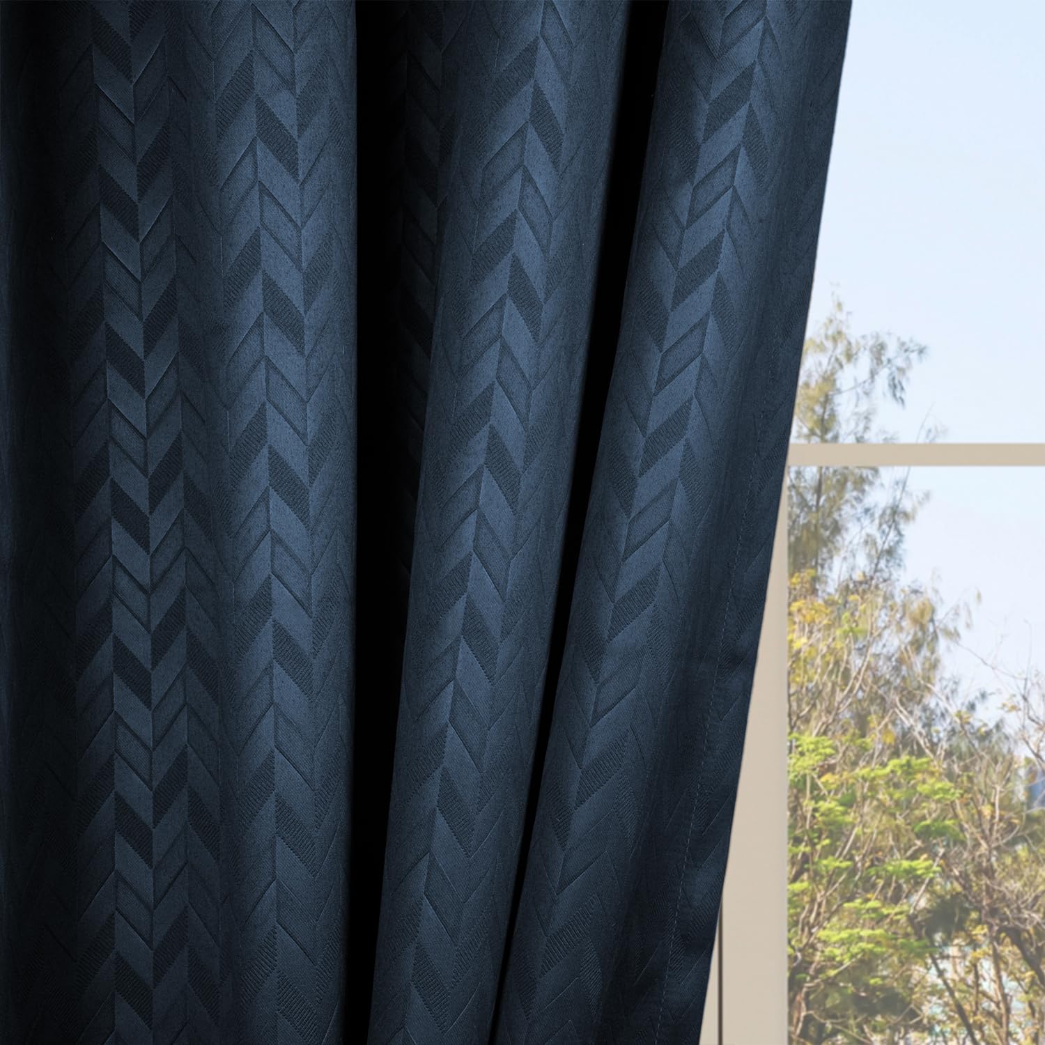 LINENWALAS 100% True Blackout Curtains 8.5 Feet Long - Set of 2 Panels, Herringbone Embossed Design Complete Light Block, Thermal Insulated & Noise Reducing Room Darkening Curtains (Bahamas Blue)