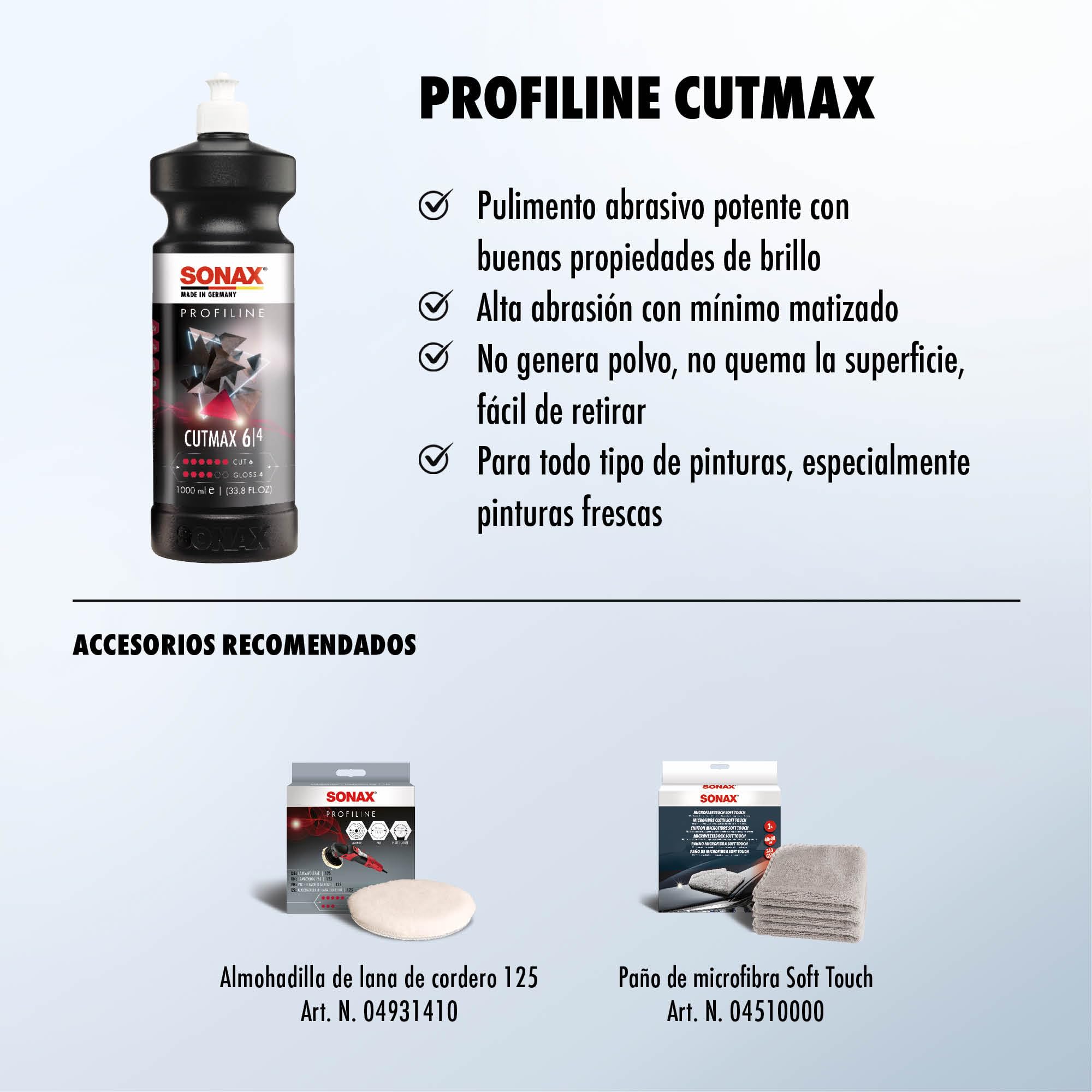 SONAX PROFILINE CutMax (1 litro) pasta de lijado altamente abrasiva, elimina rayas e inclusiones | N.° 02463000 | Pulido abrasivo fuerte con buen desarrollo de brillo para pintura muy desgastada o rayada.