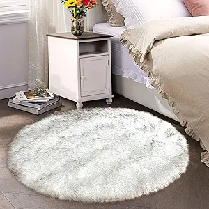 Latepis Round Area Rugs 6ft White with Grey Tips Faux Sheepskin Fur Circle Rugs for Living Room Washable Fuzzy Rug for Bedroom Nursery Dorm Entertainment Room Luxury Home Decor