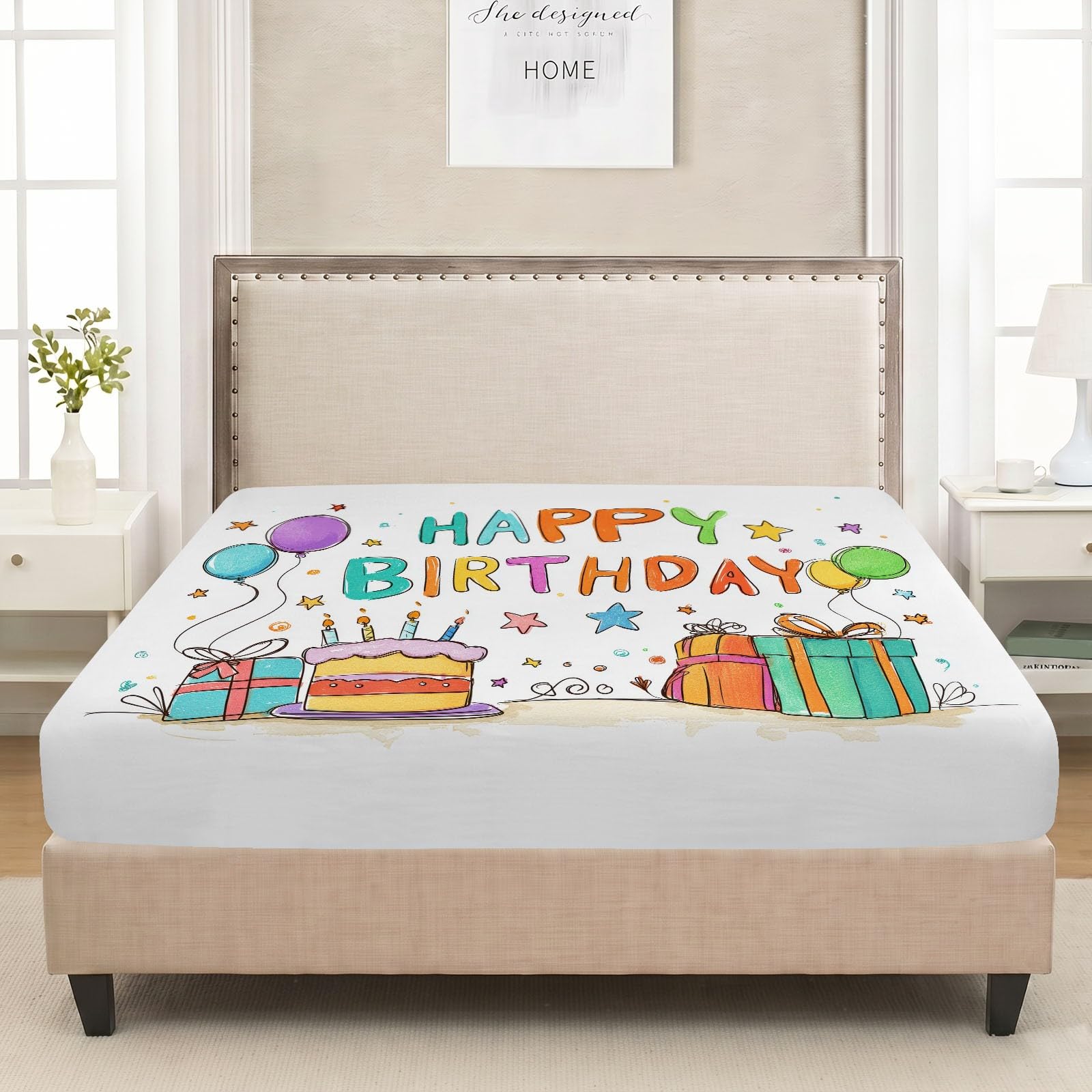 Prześcieradło z gumką 180 x 200 cm, motyw kreskówkowy, dekoracja sypialni, zestaw pościeli - tort urodzinowy, balony w gwiazdy, pudełko na prezent, miękkie, przyjazne dla skóry, z 2 poszewkami na