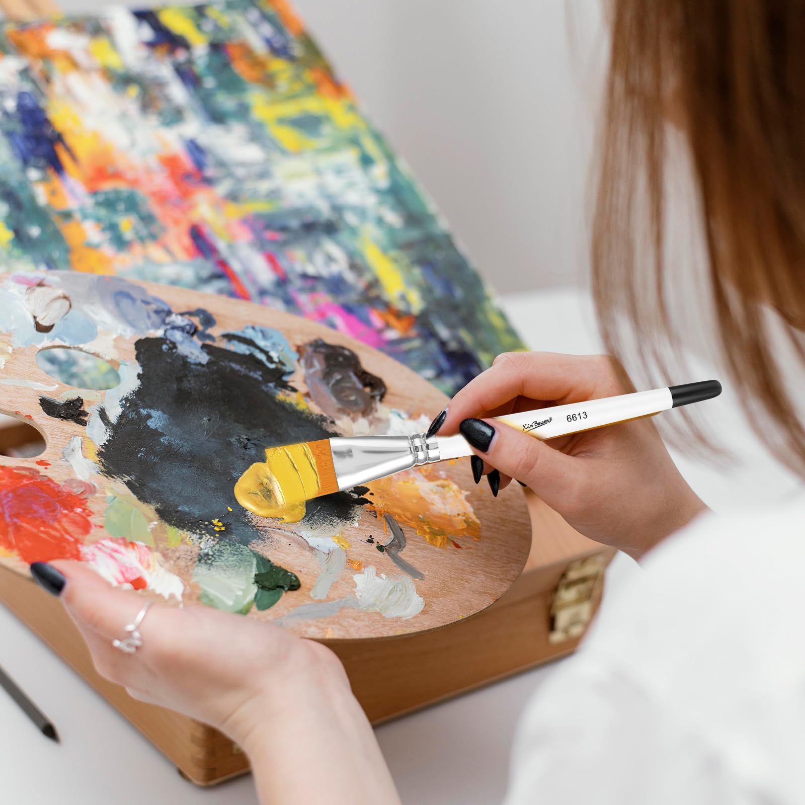 Prasacco 5 pennelli a ventaglio per pittura, colori acrilici ad olio, pennelli per artisti, pennelli a ventaglio in nylon con manico lungo in legno, per pittura acrilica, acquerello, olio, guazzo