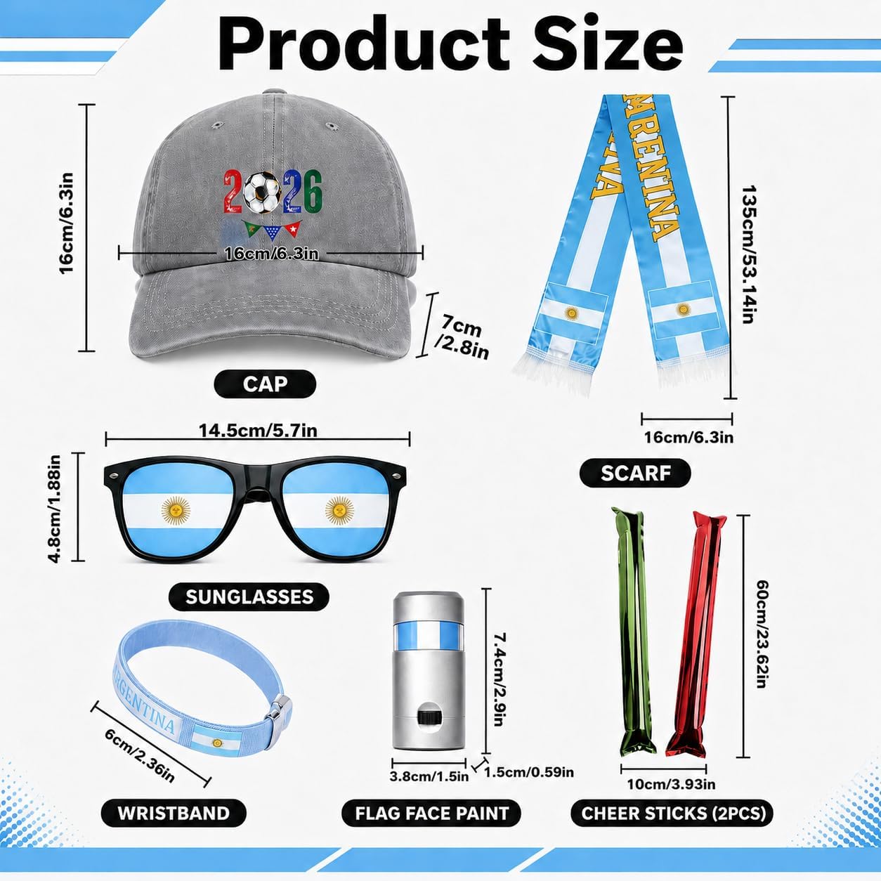 Soccer Fan Gear Set,Soccer Party Supplies with Hat, Scarf, Sunglasses, Wristband, Flag Face Paint & Cheer Sticks for Game Day