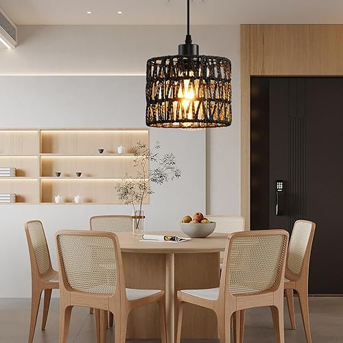 Miniatura 3 de Lámpara colgante tejida estilo bohemio, luces colgantes de ratán, isla de cocina, iluminación colgante de granja con pantalla de mimbre tejida a