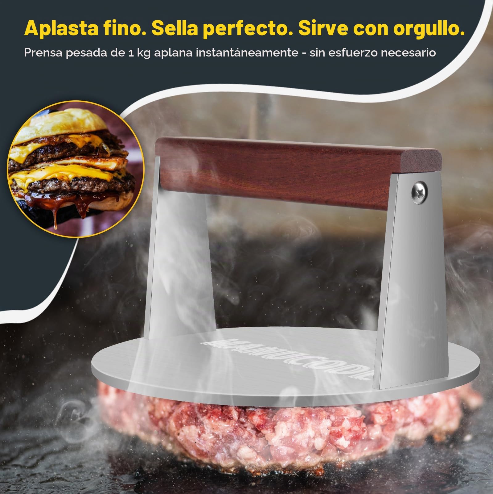 Prensa para hamburguesas de acero inoxidable, 17 cm, 1000 g, aplastador de hamburguesas, aplastador de carne para bistec