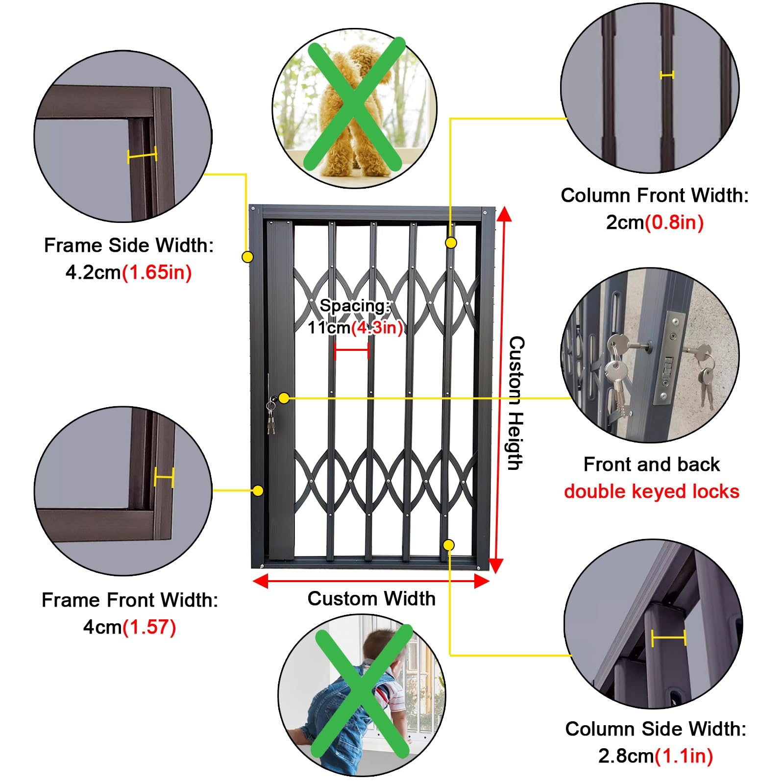 Rejilla de seguridad plegable para ventana para seguridad en el hogar, barrera de puerta a prueba de niños para habitaciones de niños, lofts, escaleras, diseño con cerradura (90 x 100 cm)