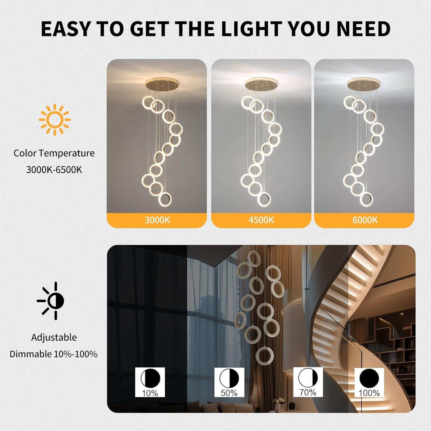 Kronleuchter Hohe Decke 12 Ringe Große Treppenhaus-Deckenbeleuchtung Einstellbar Goldene Moderne LED-Pendelleuchte Kristallfoyer Dimmbarer Deckenleuchter für Treppeneingang Wohnzimmer