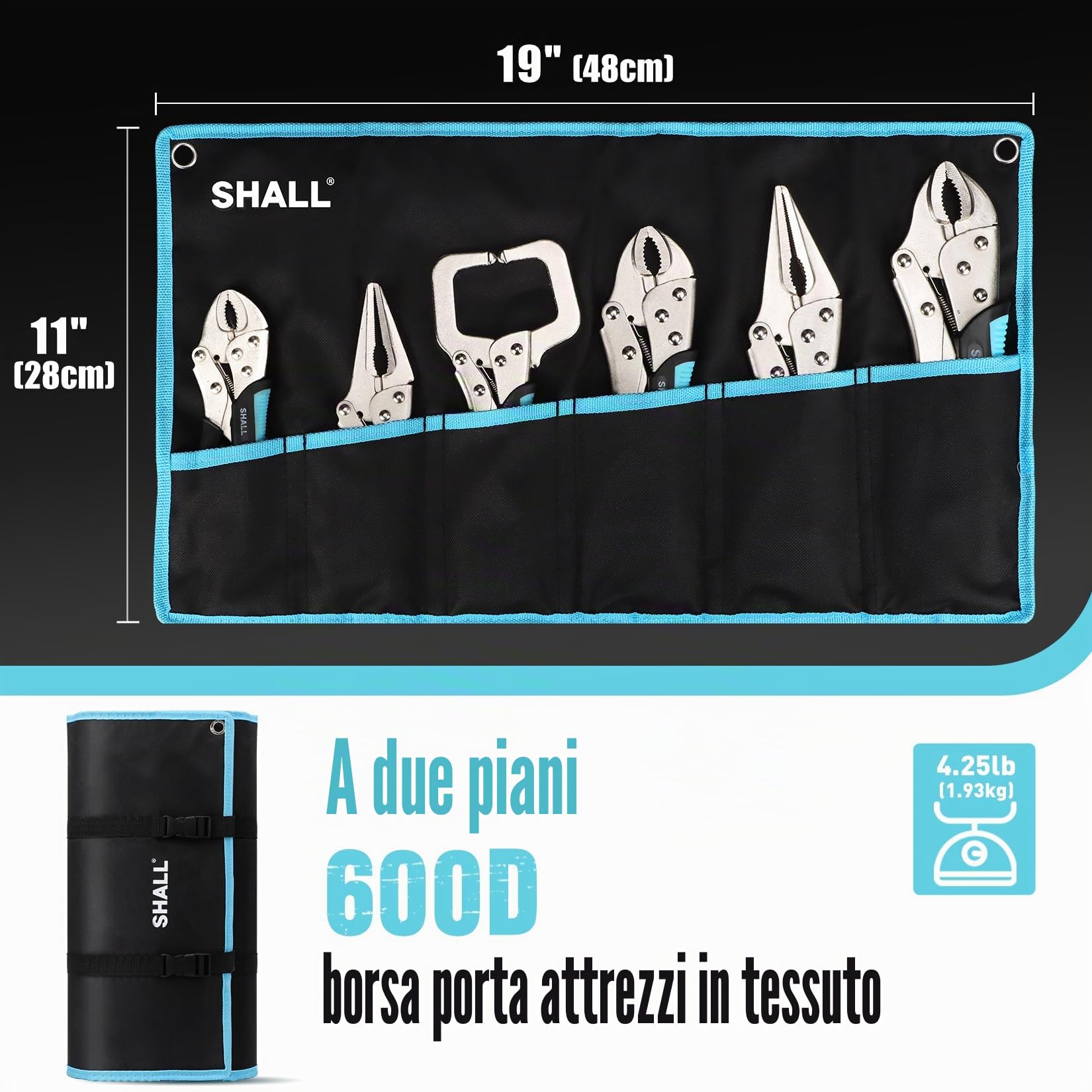Shall Set di 6 pinze di bloccaggio – mascella curva da 12,7 cm, 17,8 cm e 25,4 cm, naso lungo 15,2 cm e morsetto a C da 15,2 cm, manico in TPR bicolore, custodia arrotolabile inclusa