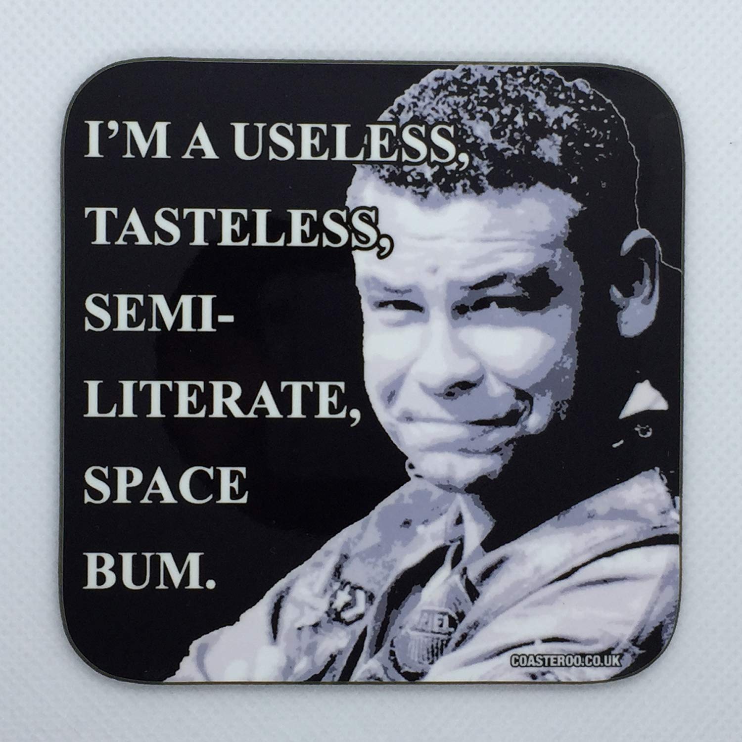 Coasteroo Red Useless Space Bum - Dave Lister From Dwarf - Drinks Coaster - Hardboard - 9Cm X 9Cm - Gloss Finish