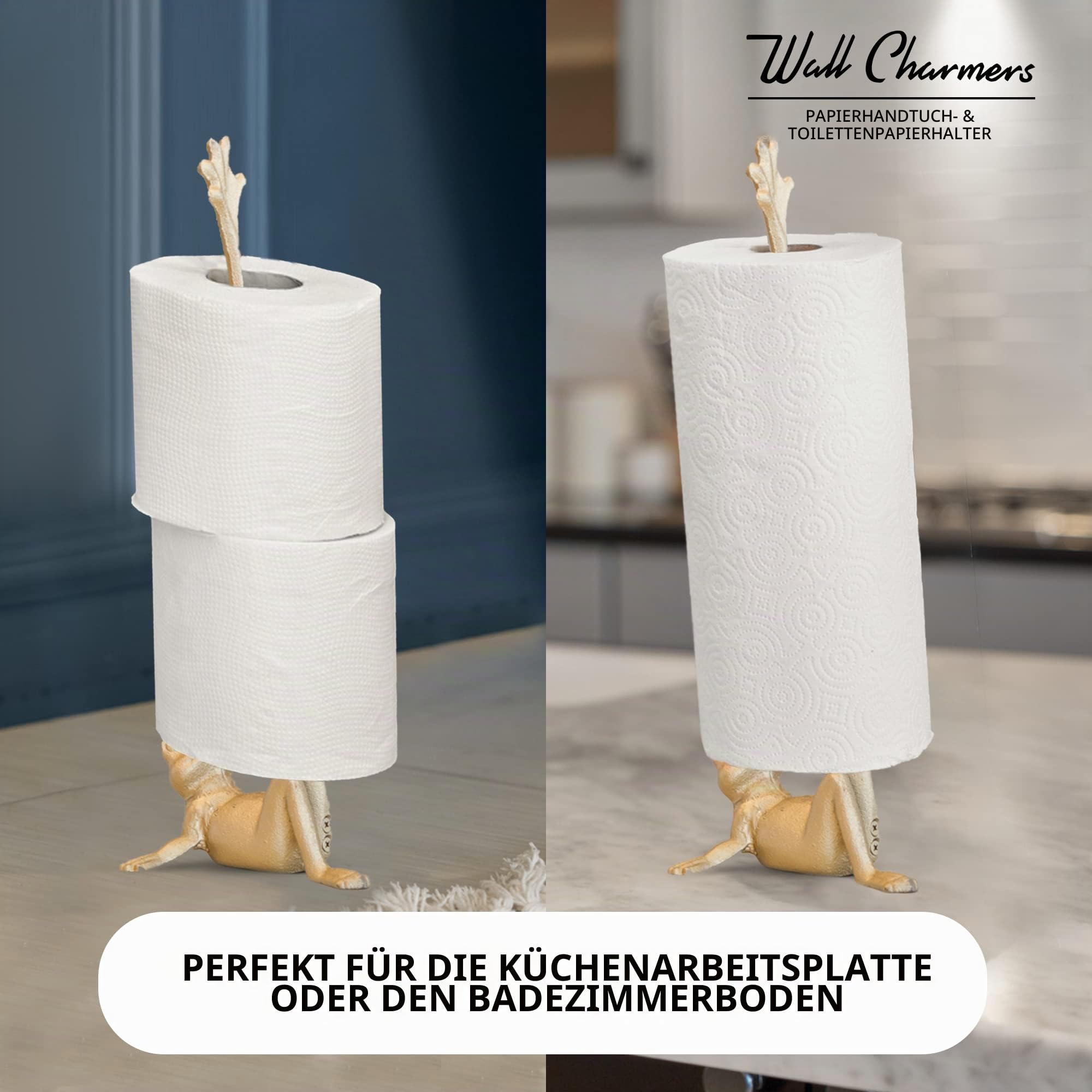 WallCharmers Gold Papierhandtuchhalter, Metall WC oder Küche Papierhalter für Boden oder Arbeitsplatte, Gold Frog