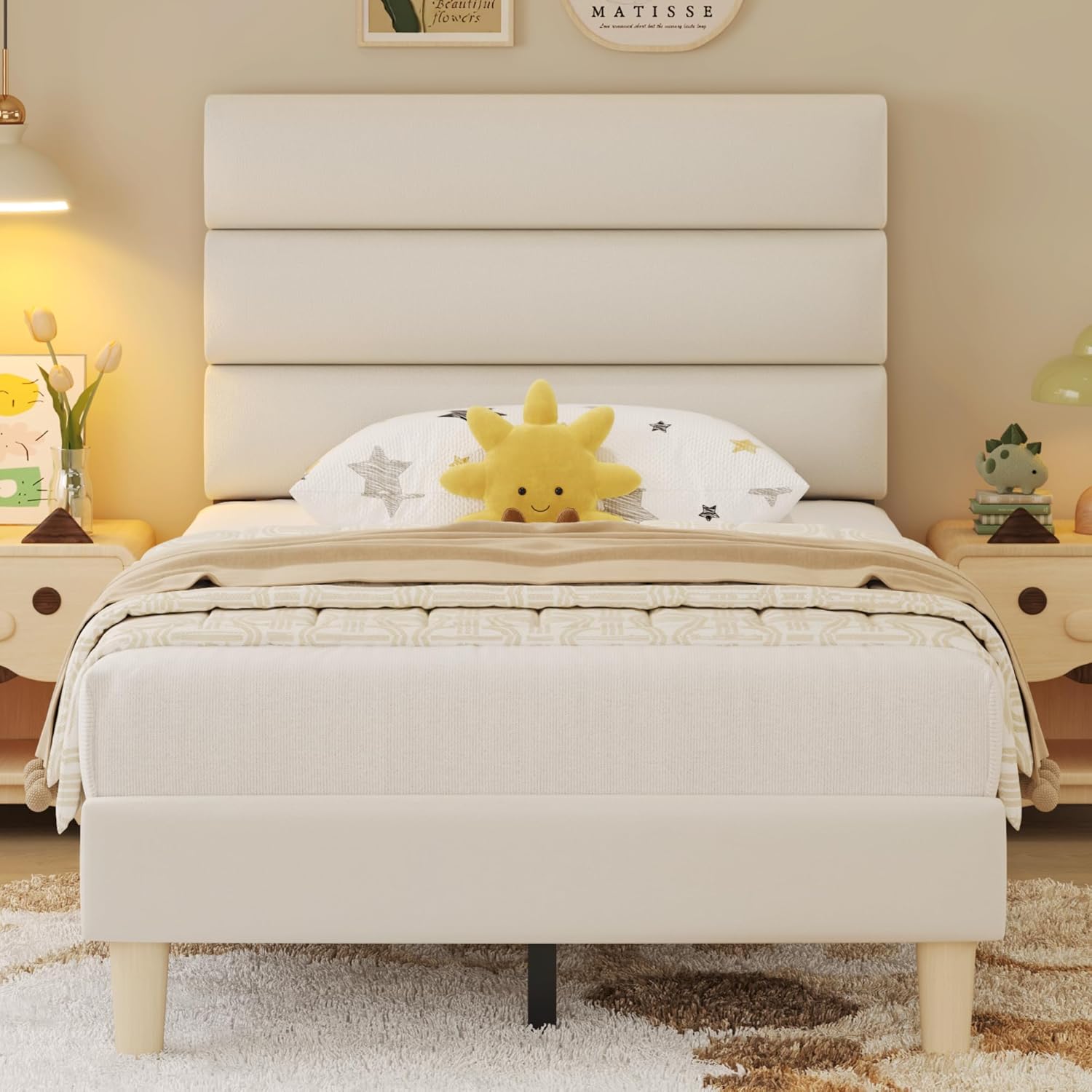 Twin Bed Frame, Platform Bed Frame with Velvet Upholstered Headboard, No Box Spring Needed, Sturdy Metal Support, Noise Free, Easy Assembly, Modern Bedroom Furniture, Beige