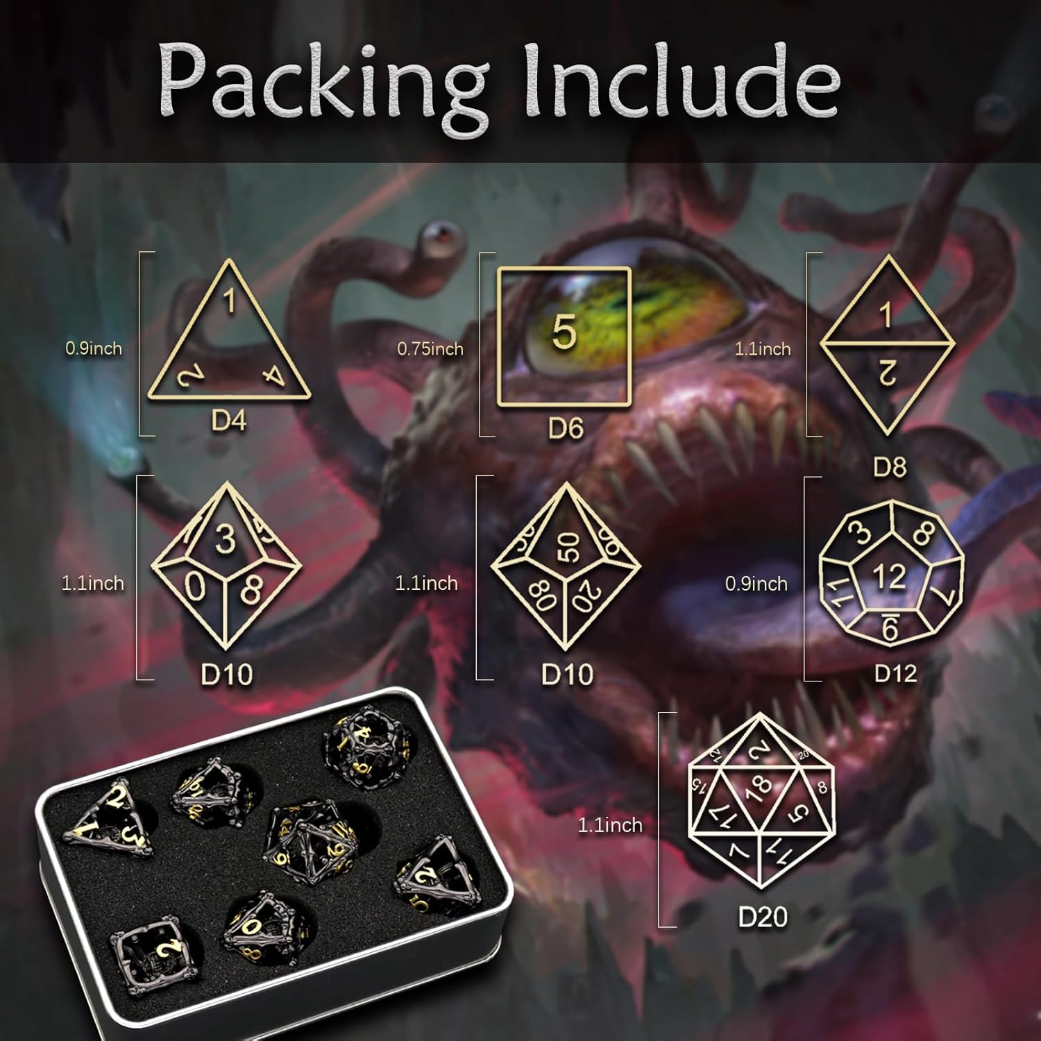 Beholder Dice Set DND, Dragon Eye Dice, ZHOORQI 7PC/Set Polyhedral Dices for Dungeons and Dragons, RPG, Eye Monster DND Gifts（Eye-Black Gold）