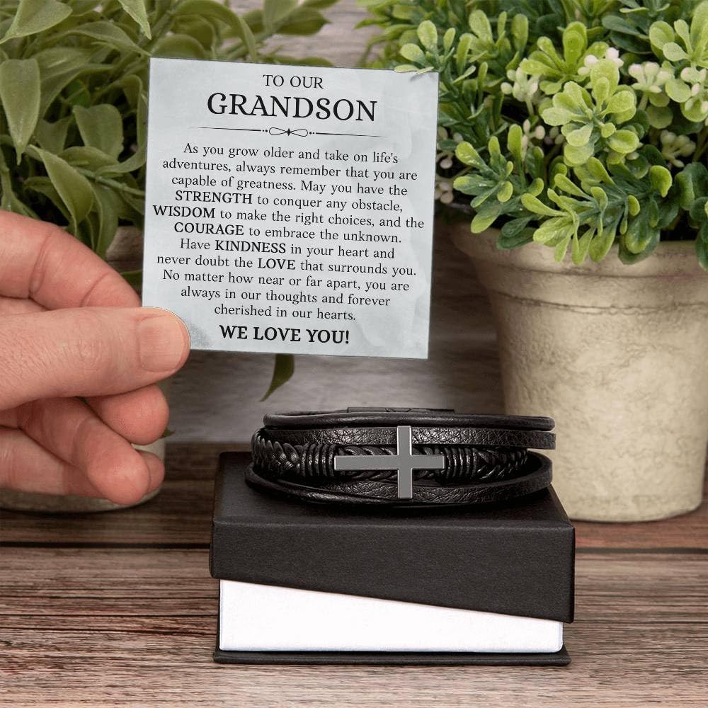 VIRAGIL Inspirational Leather Bracelet for Grandson, Adjustable Multi-Layer Braided Wristband, Christmas Birthday Valentine Gift from Grandma or Grandpa, Encouraging Keepsake for Teen Boys