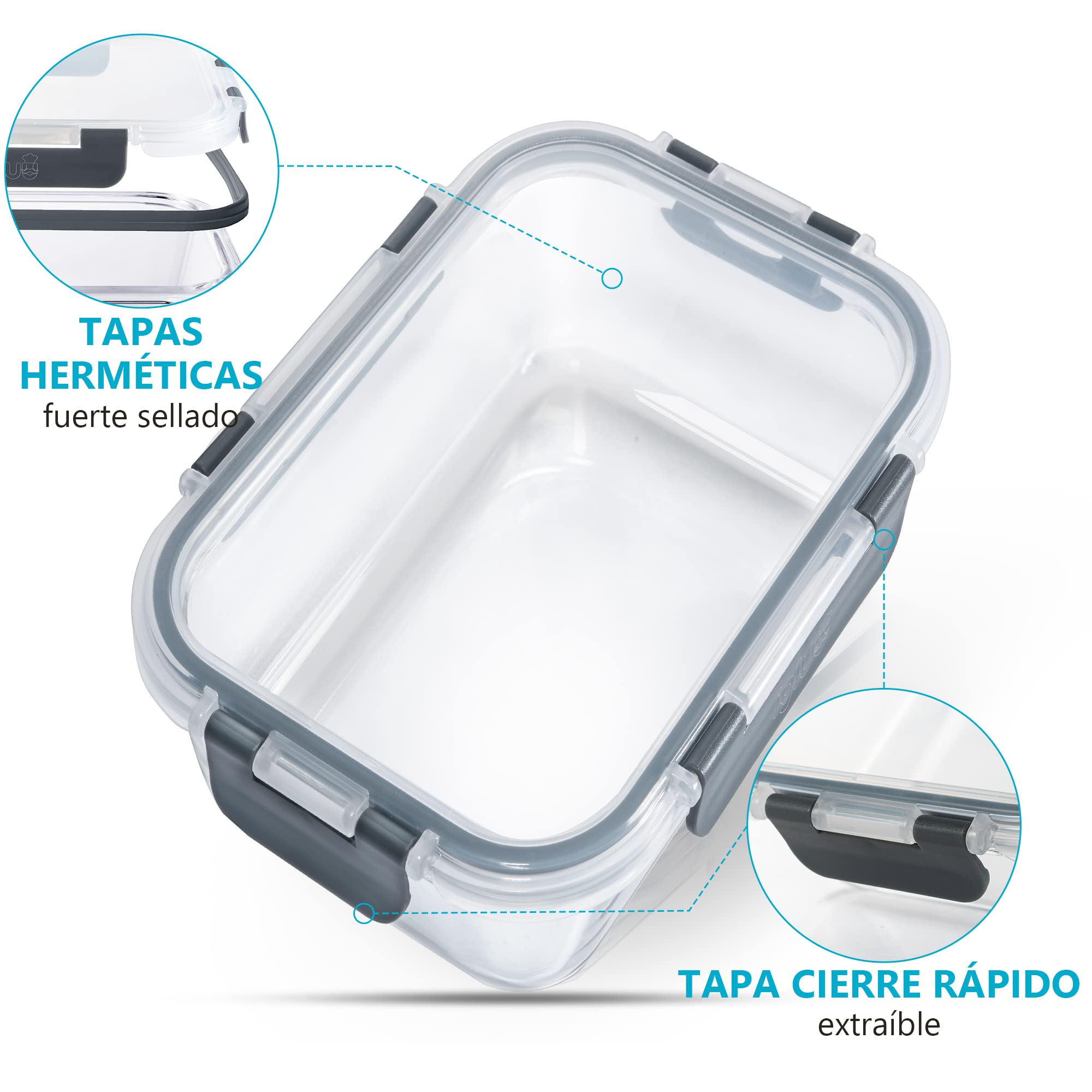 Igluu Meal Prep Recipientes Herméticos para Alimentos de Cristal con Tapas (Set de 10) – Sin BPA – Aptos para Horno, Microondas, Congelador y Lavavajillas – 370 ml y 1050 ml – Vidrio de Borosilicato