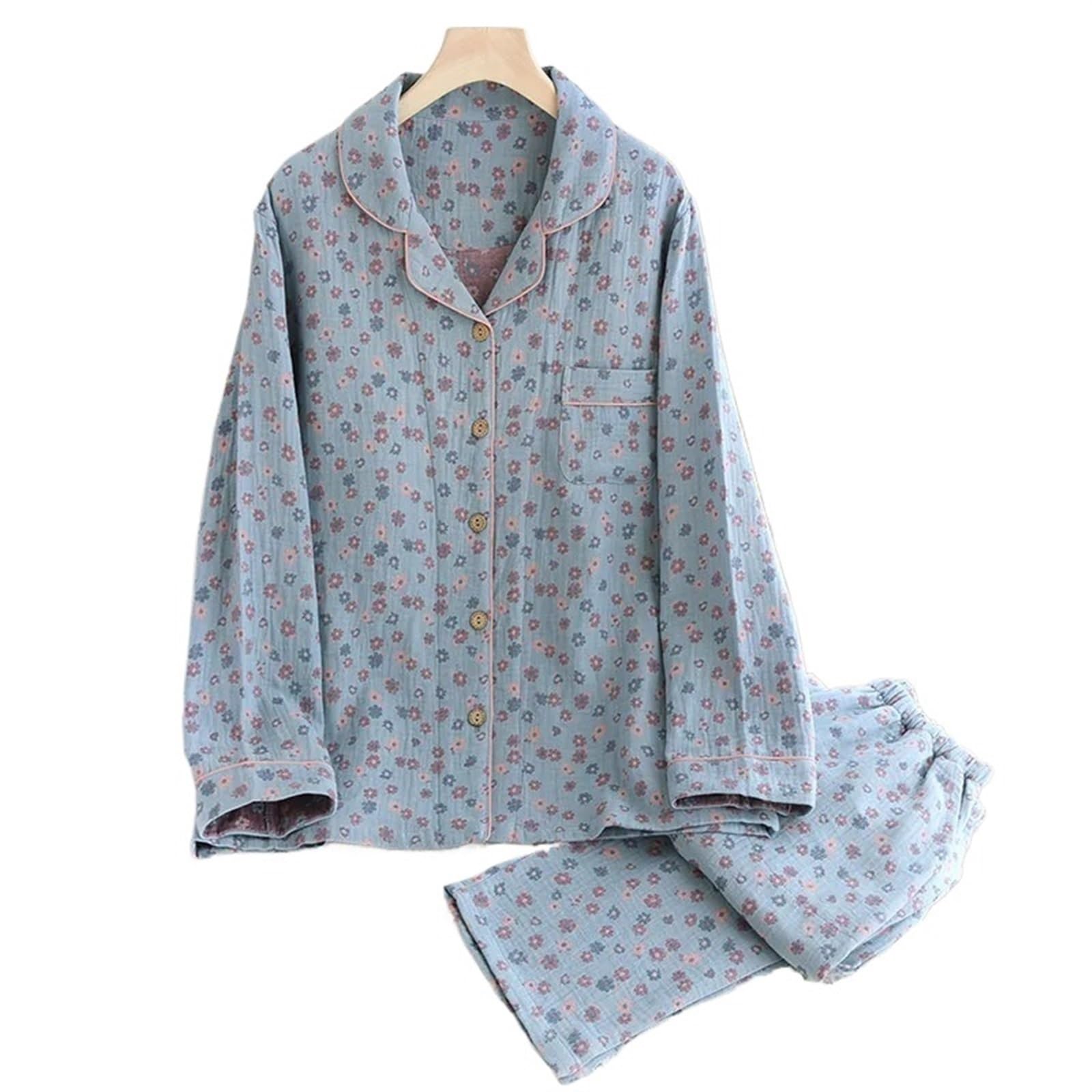 Pijama Mujer Largo Conjuntos de Pijamas de Mujer Vintage Estampado de algodón Ropa de Dormir Pijamas de Mujer de Manga Larga Otoño Invierno Ropa de Dormir Traje for casa(Blue,XL)