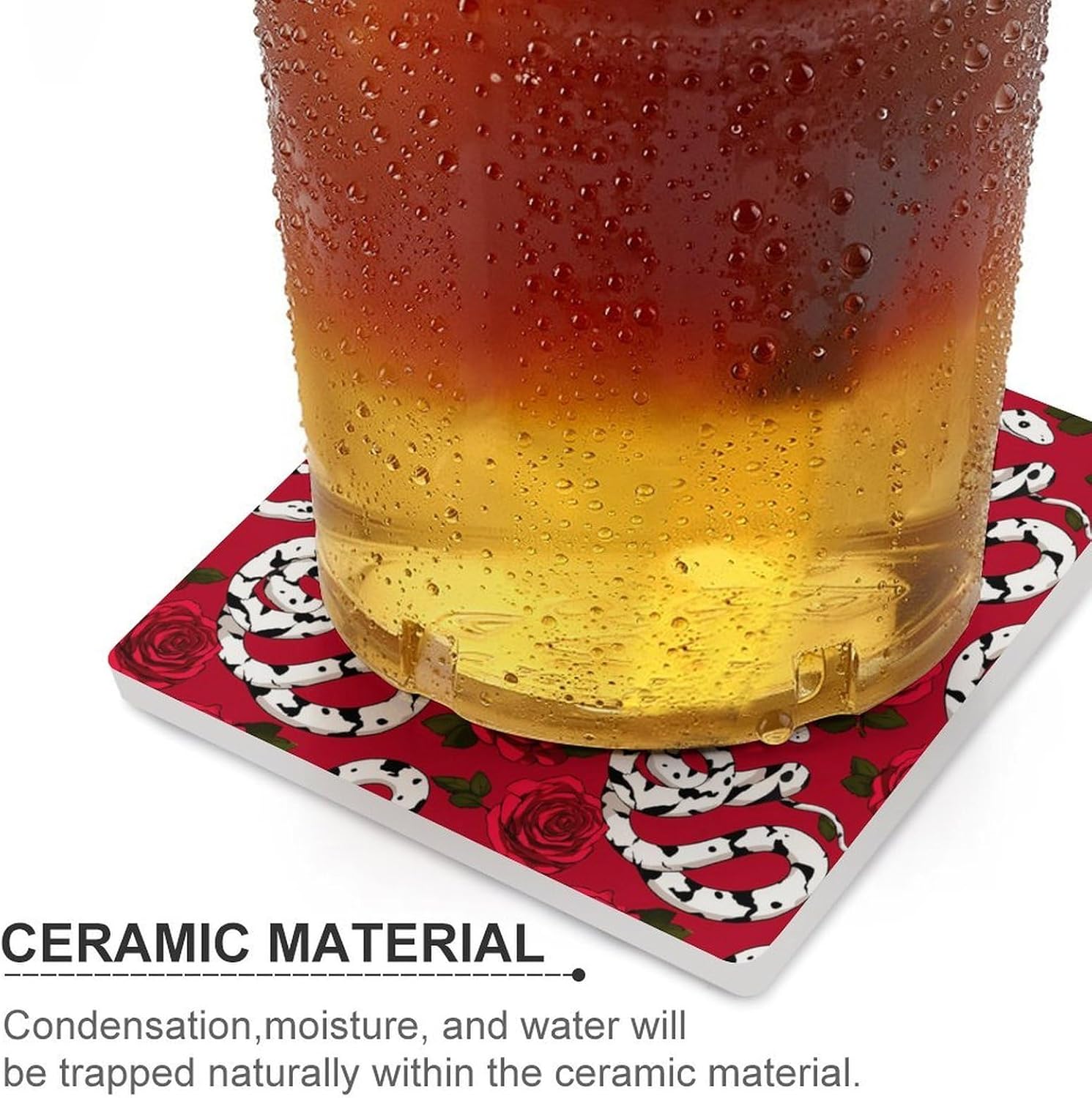 Red Rose Snake Coaster for Drinks Square Ceramic Table Coasters Stone Mat Crafts 4PCS Home Kitchen Decor