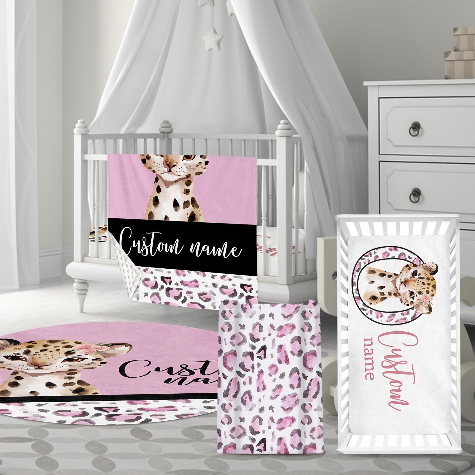 HSHRYY Custom Name Girl Crib Bedding Set for Infant Baby, Personalized Nursery Decor Baby Blanket Fitted Crib Sheet Changing Pad Cover Room Rug 4 Pcs, Pink Leopard Theme
