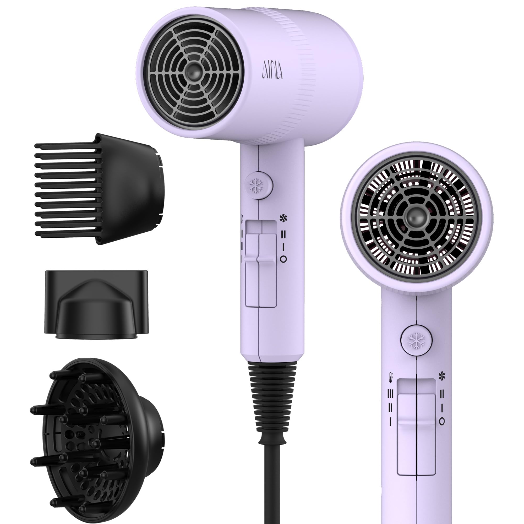AINA Hair Dryer with Diffuser,Comb Full-Featured Blow Dryer 110V(Purple)