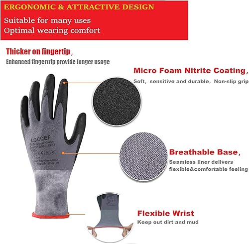 Miniatura 2 de LOCCEF - Guantes de trabajo de seguridad con revestimiento de nitrilo de microespuma, 12 pares, guantes de nailon de punto sin costuras, para